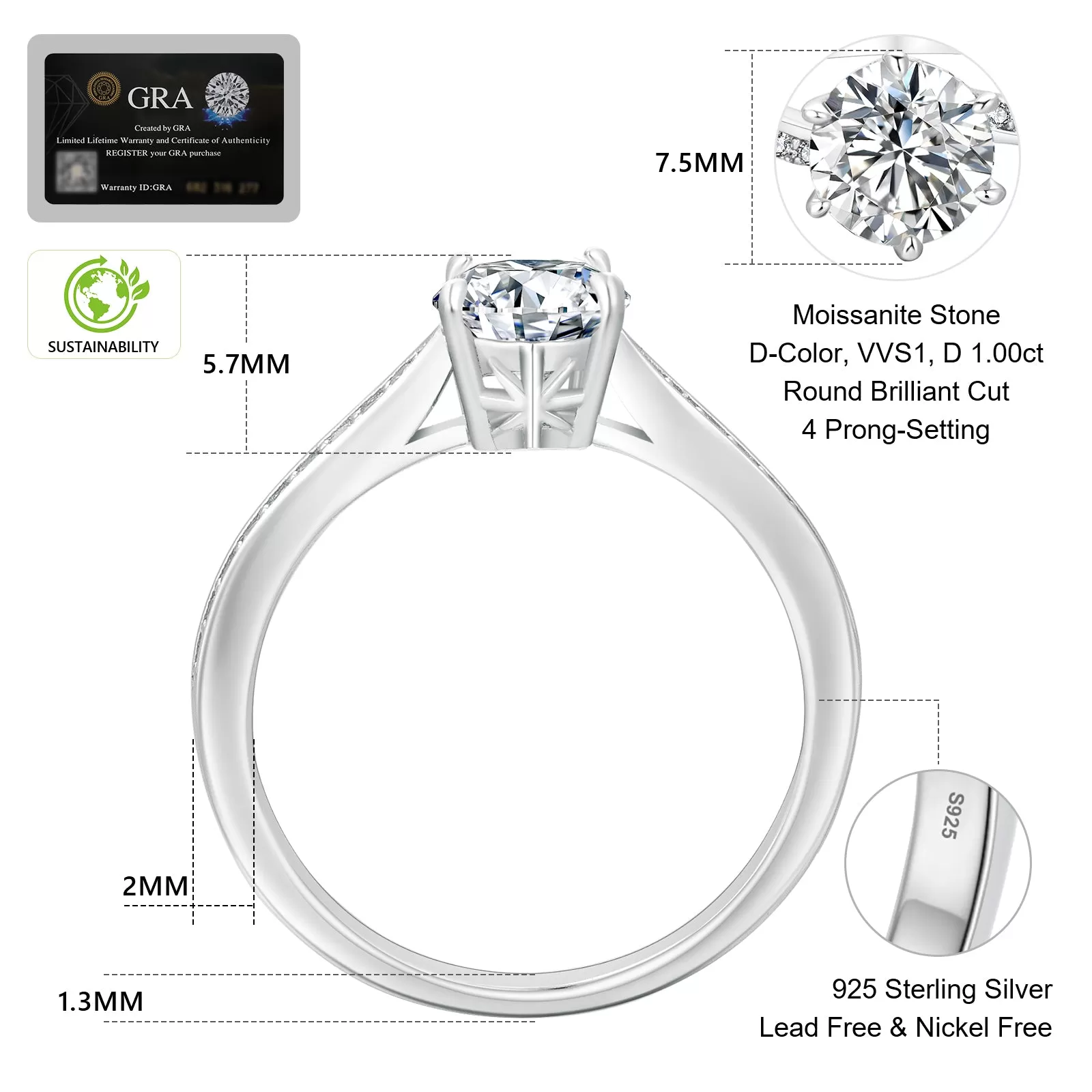 1.0/1.5/2.0ct Carats VVS1 Moissanite Rings for Women 0182 KRKC