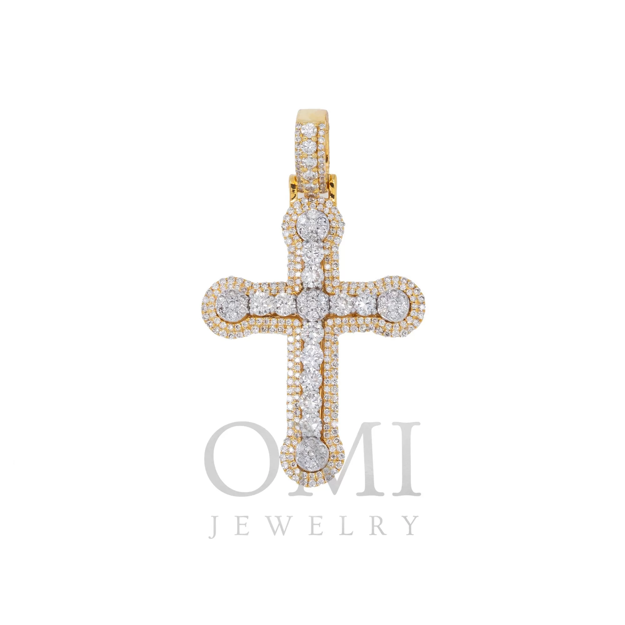 14K GOLD ROUND DIAMOND CLUSTER CROSS PENDANT 1.85 CT