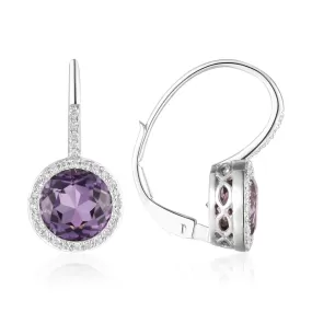 14K White Gold Amethyst and Diamond Lever Back Earrings