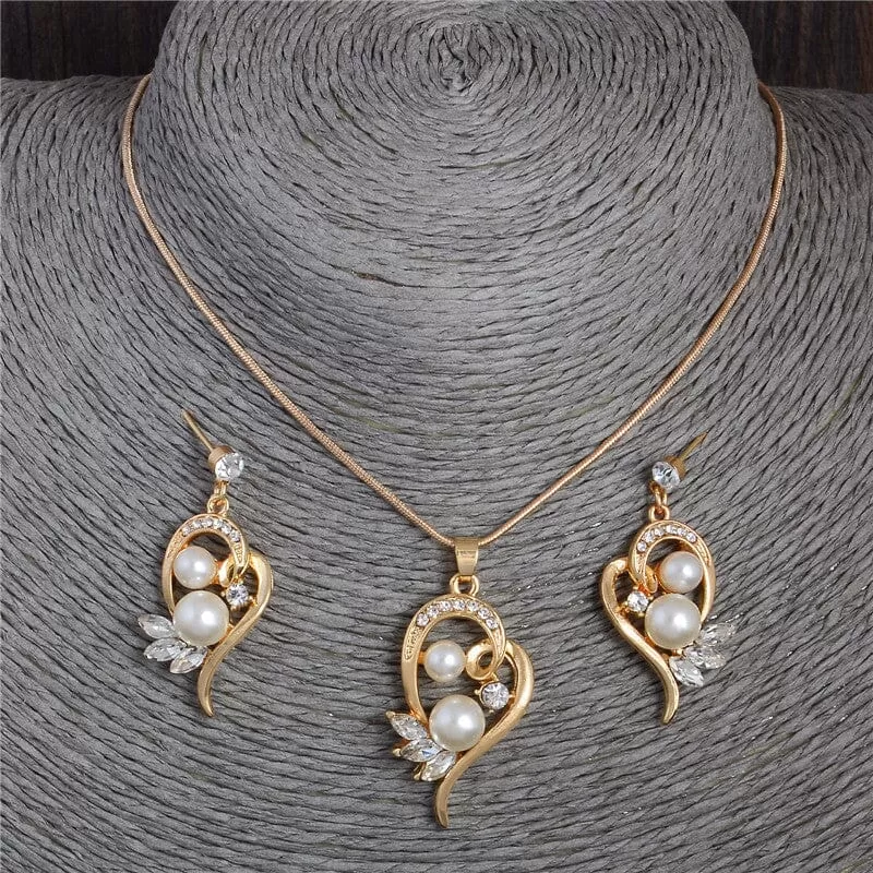 18K Gold Plated Full Crystal Pearl Jewelry Set