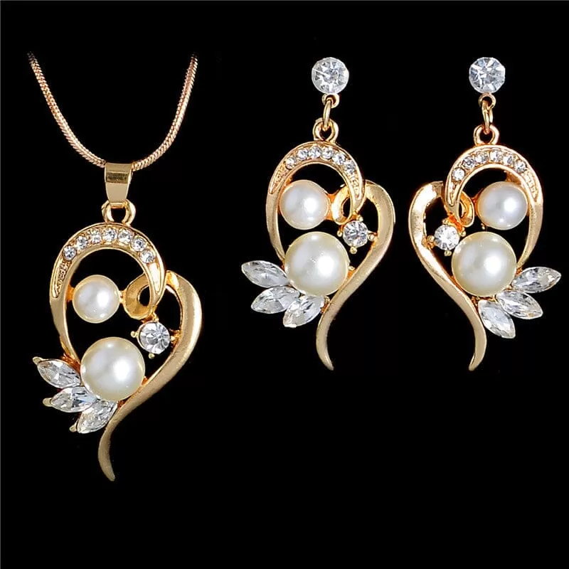 18K Gold Plated Full Crystal Pearl Jewelry Set