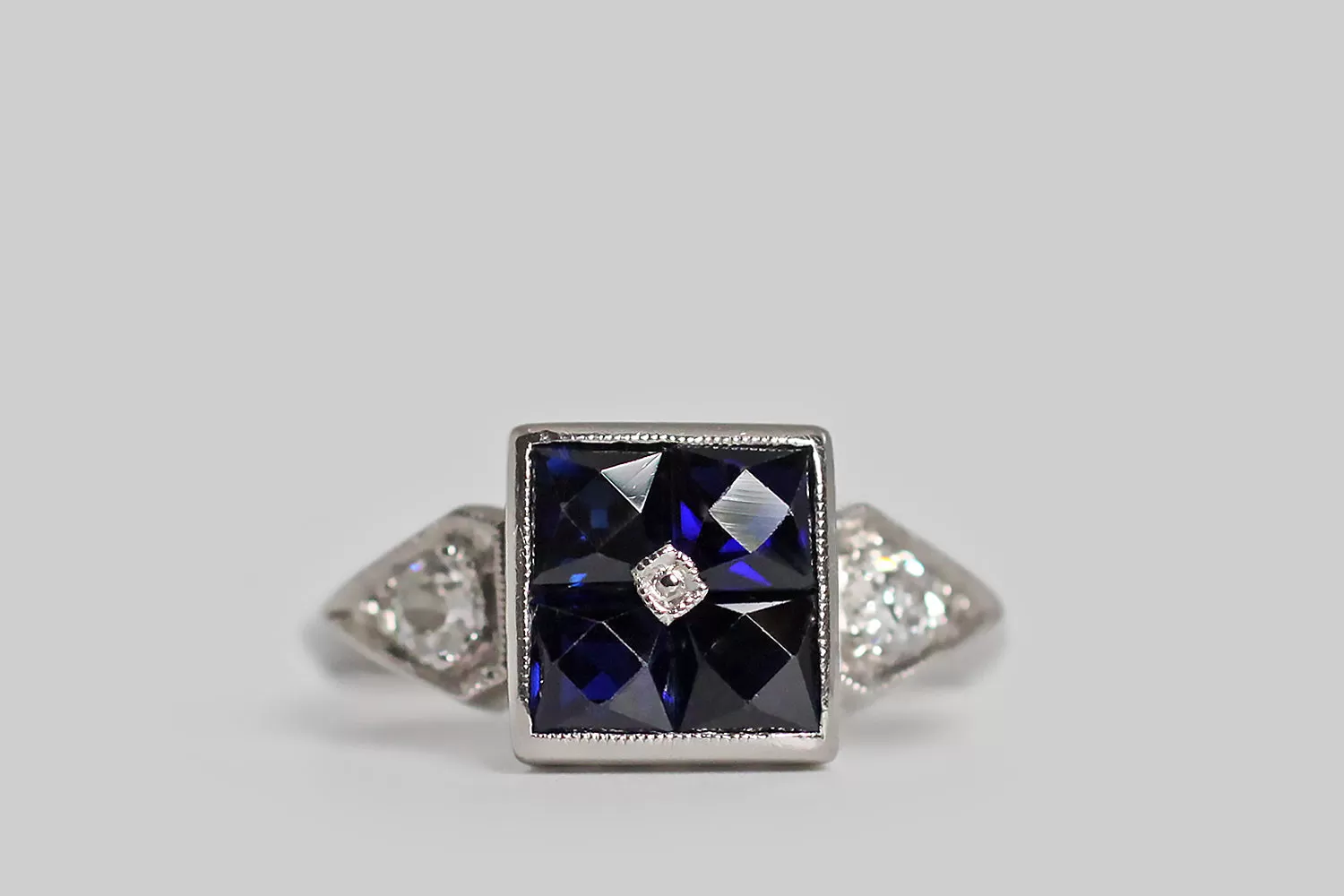 1940s Sapphire Orange Blossom Ring with Old Mine Cut Diamonds in Palladium