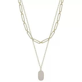 2 Layered Metal Chain Stone Pendant Necklace