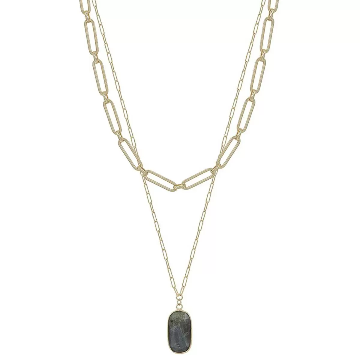 2 Layered Metal Chain Stone Pendant Necklace