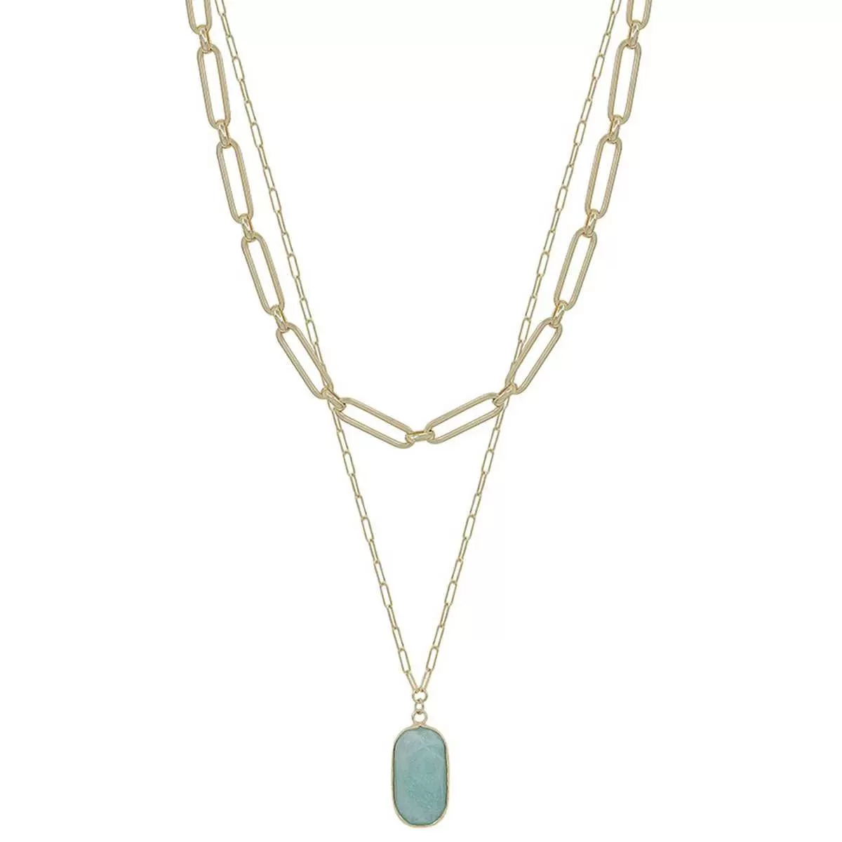 2 Layered Metal Chain Stone Pendant Necklace