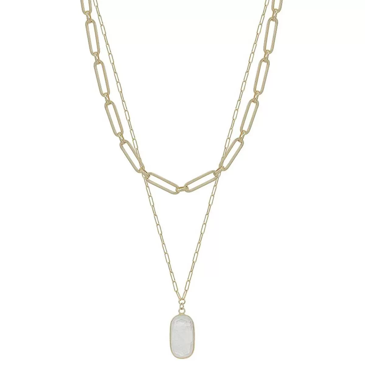 2 Layered Metal Chain Stone Pendant Necklace