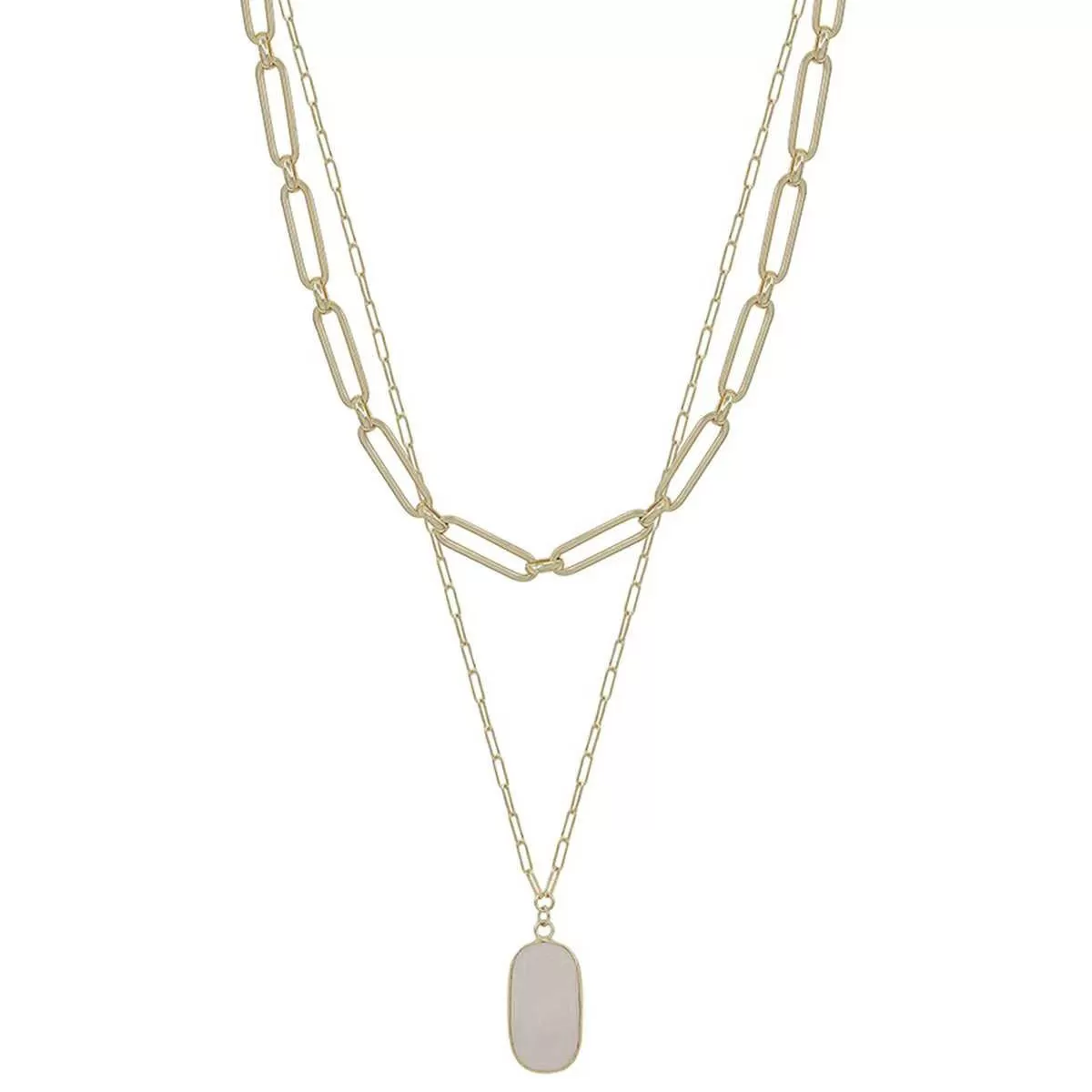 2 Layered Metal Chain Stone Pendant Necklace