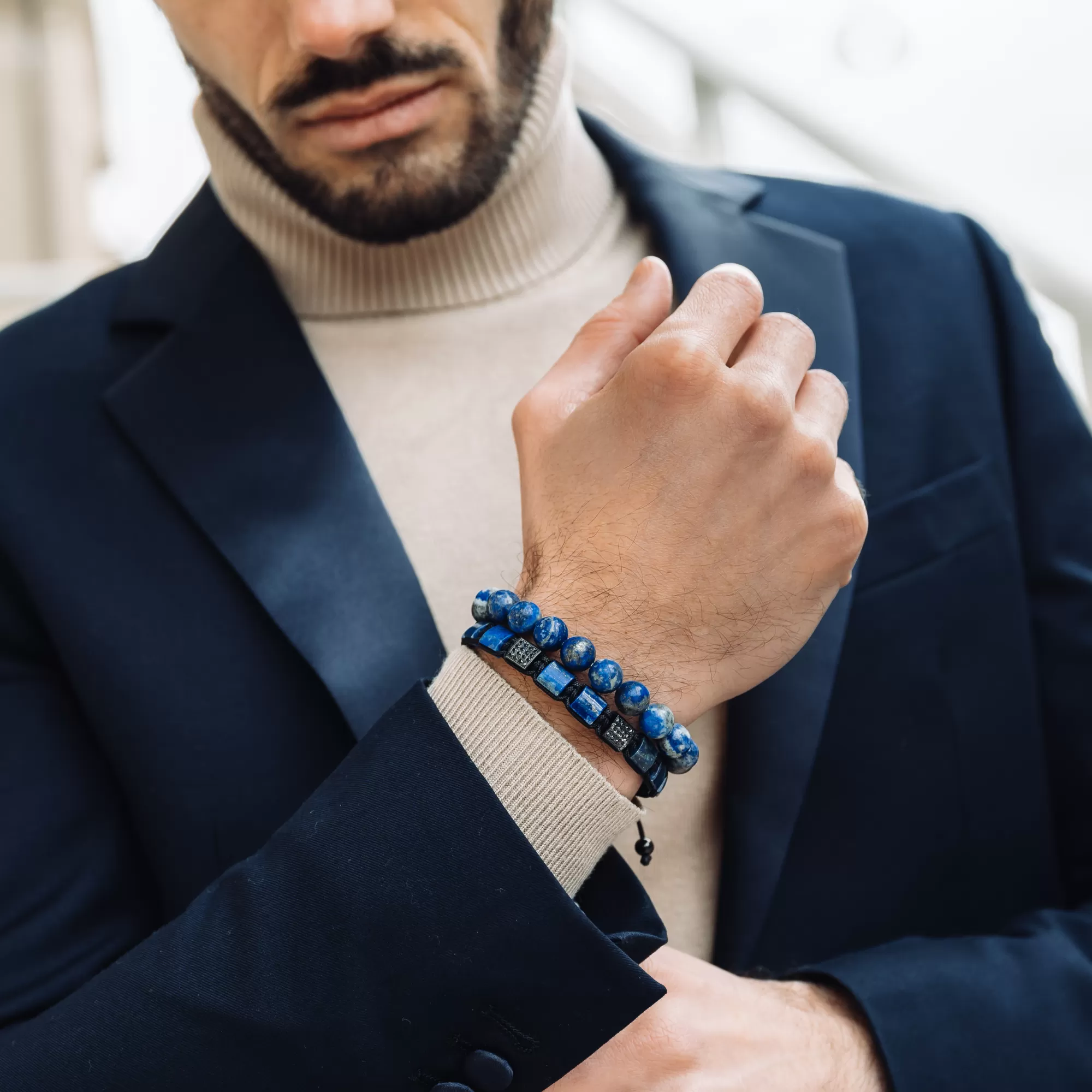 2 PIECE SET - LAPIS LAZULI Single Bead & Flatbead Bracelet