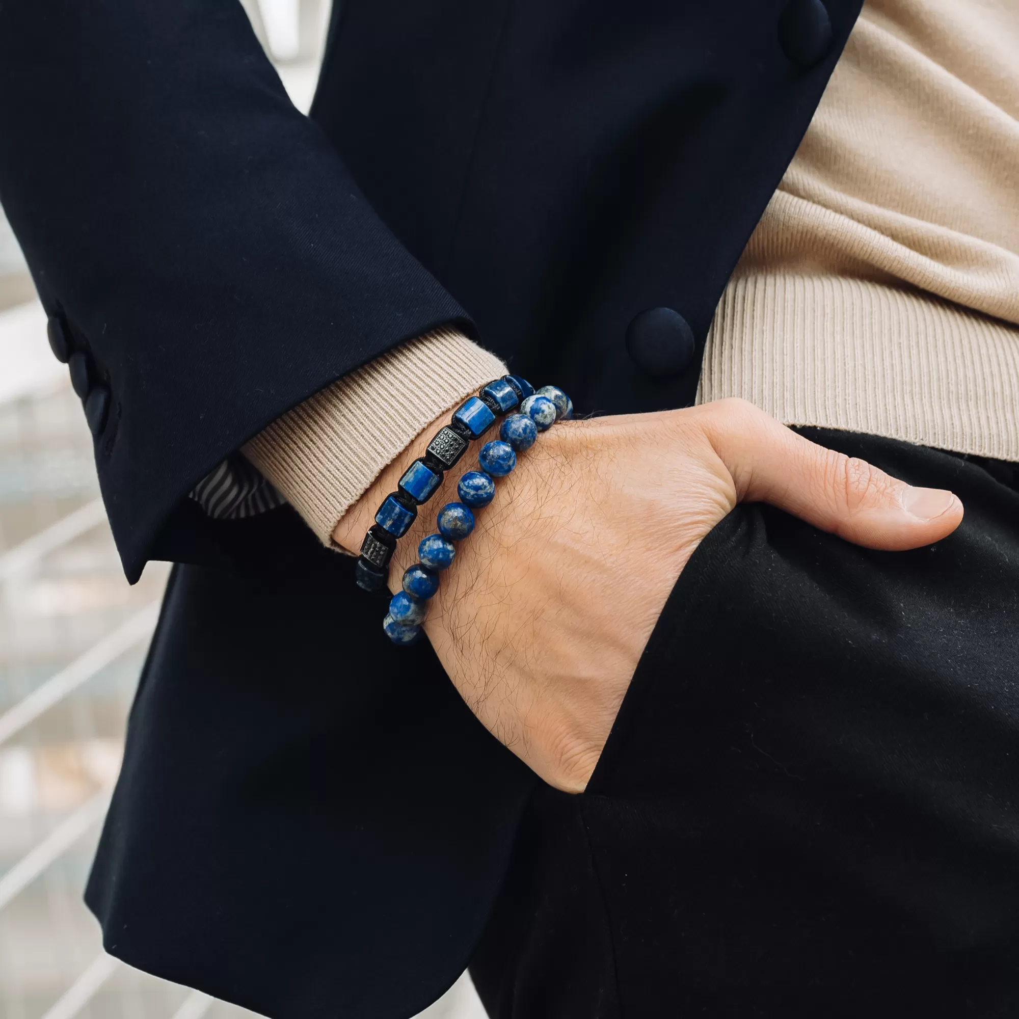 2 PIECE SET - LAPIS LAZULI Single Bead & Flatbead Bracelet