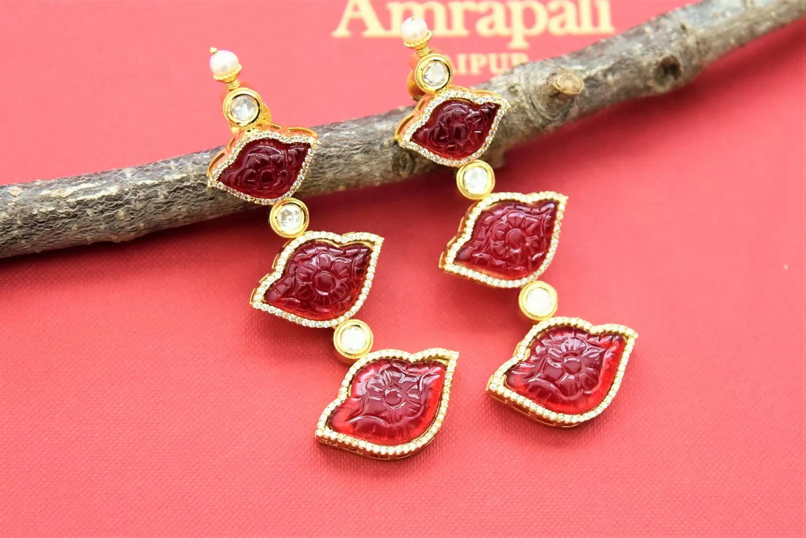 21A032 Red Stone Gold Plated Dangler Earrings