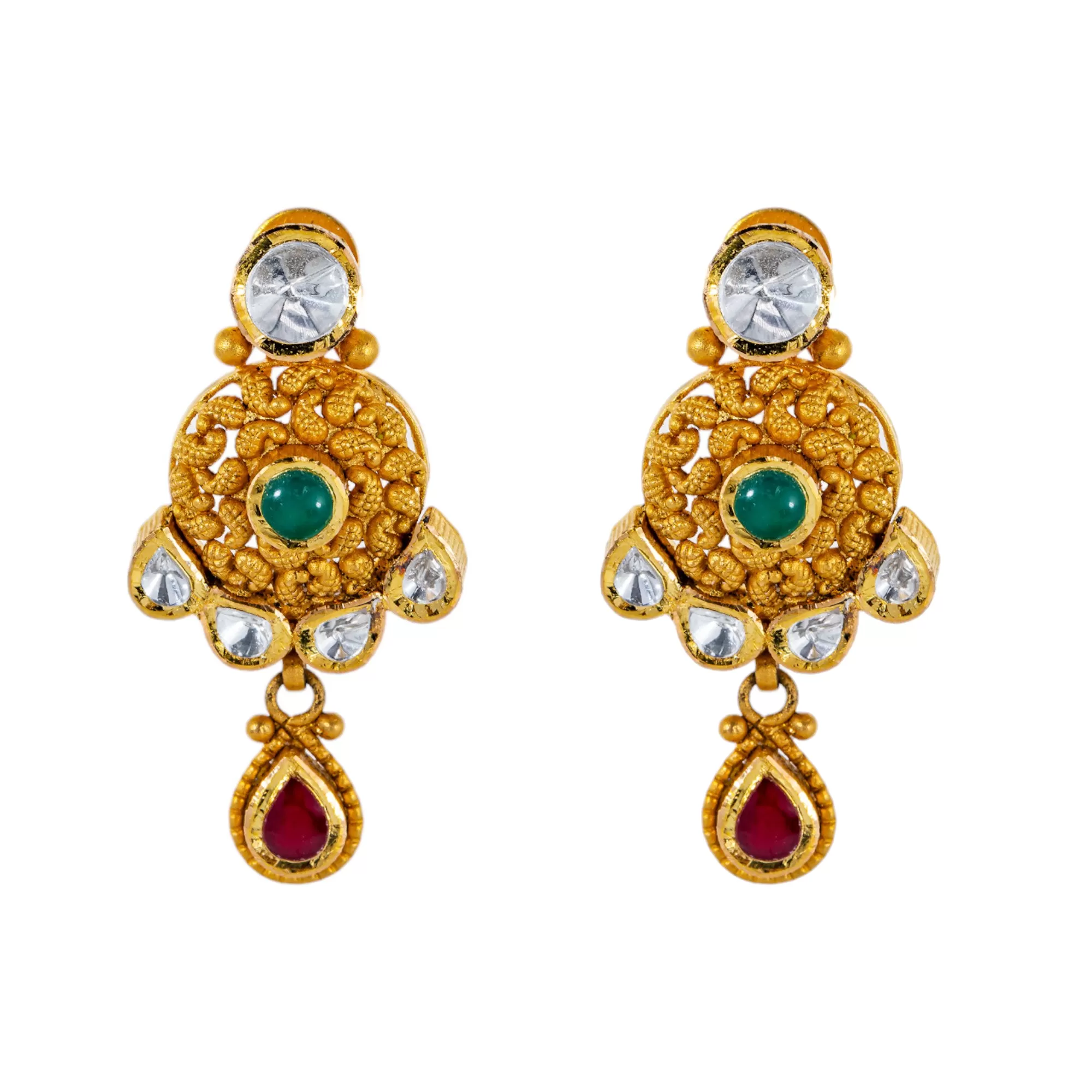 22K Antique Gold Jewelry Set w/ Kundan, Emerald, & Ruby (36.6gm)