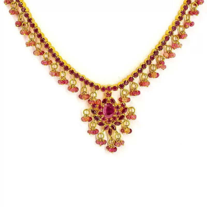 22K Gold Necklace and Earrings Set W/ Rubies