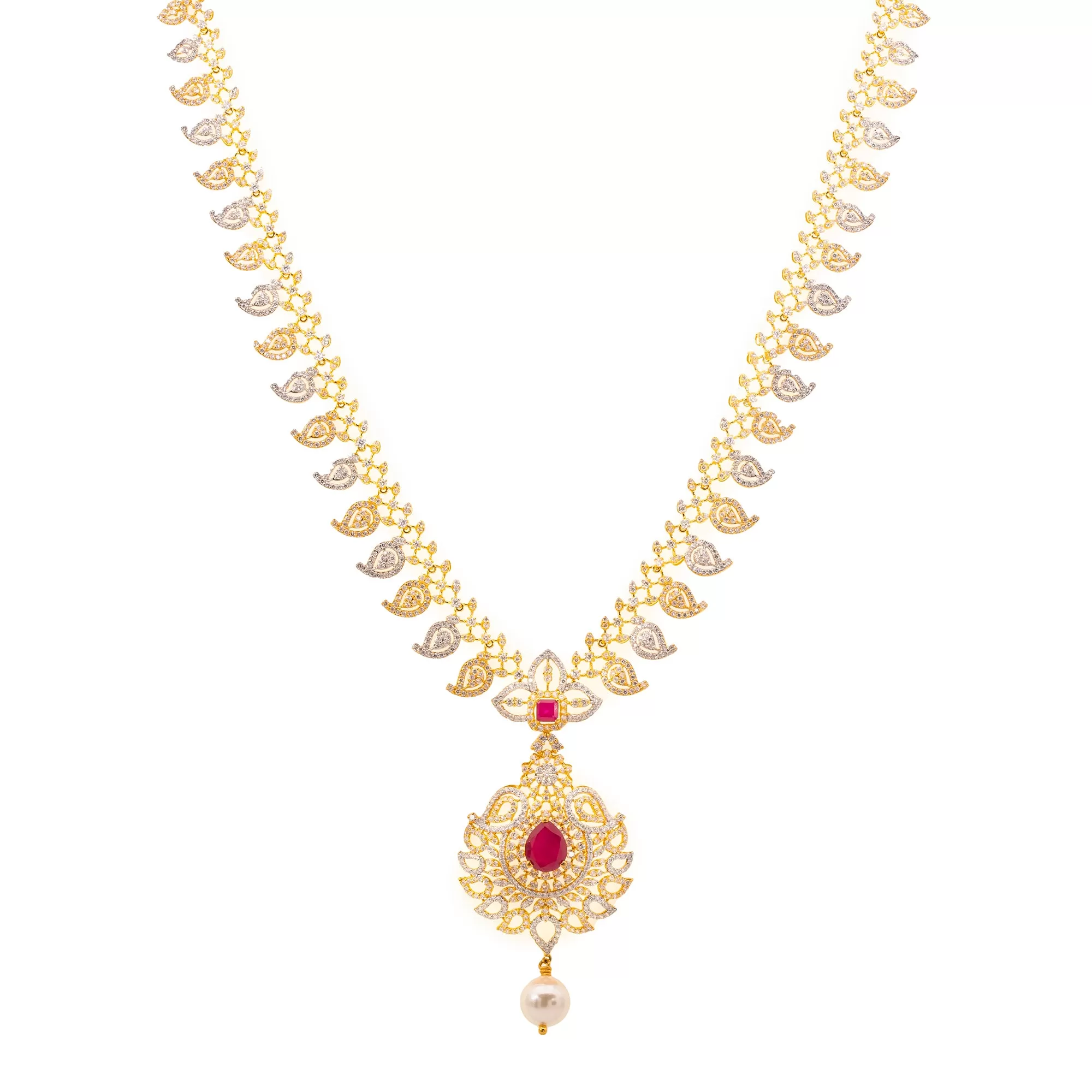 22K Gold, Ruby, & Pearls Veena Jewelry Set (101.8gm)