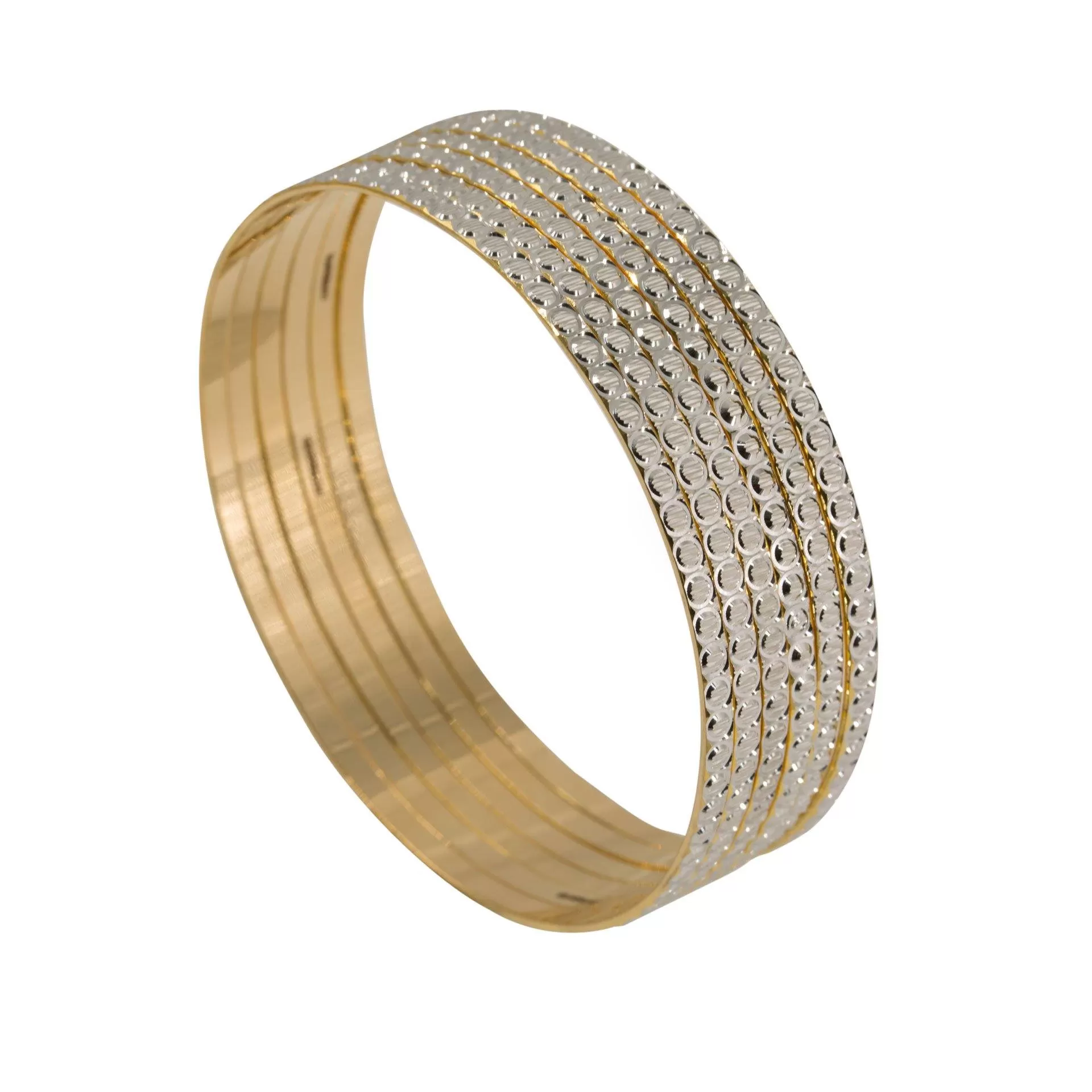 22K Multi Tone Gold Bangles, Set of 6 W/ Circle Textured Design & 64.9g Gold Weight