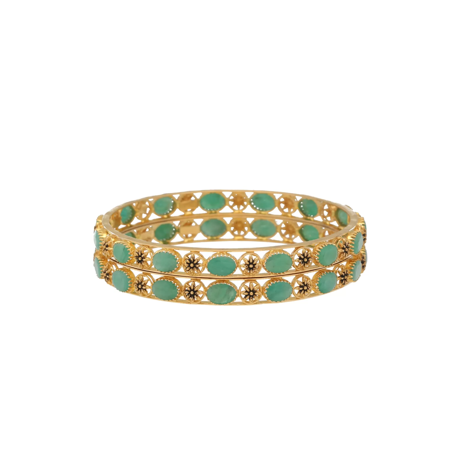 22K Yellow Gold & Emerald Antique Bangle Set (38.1gm)