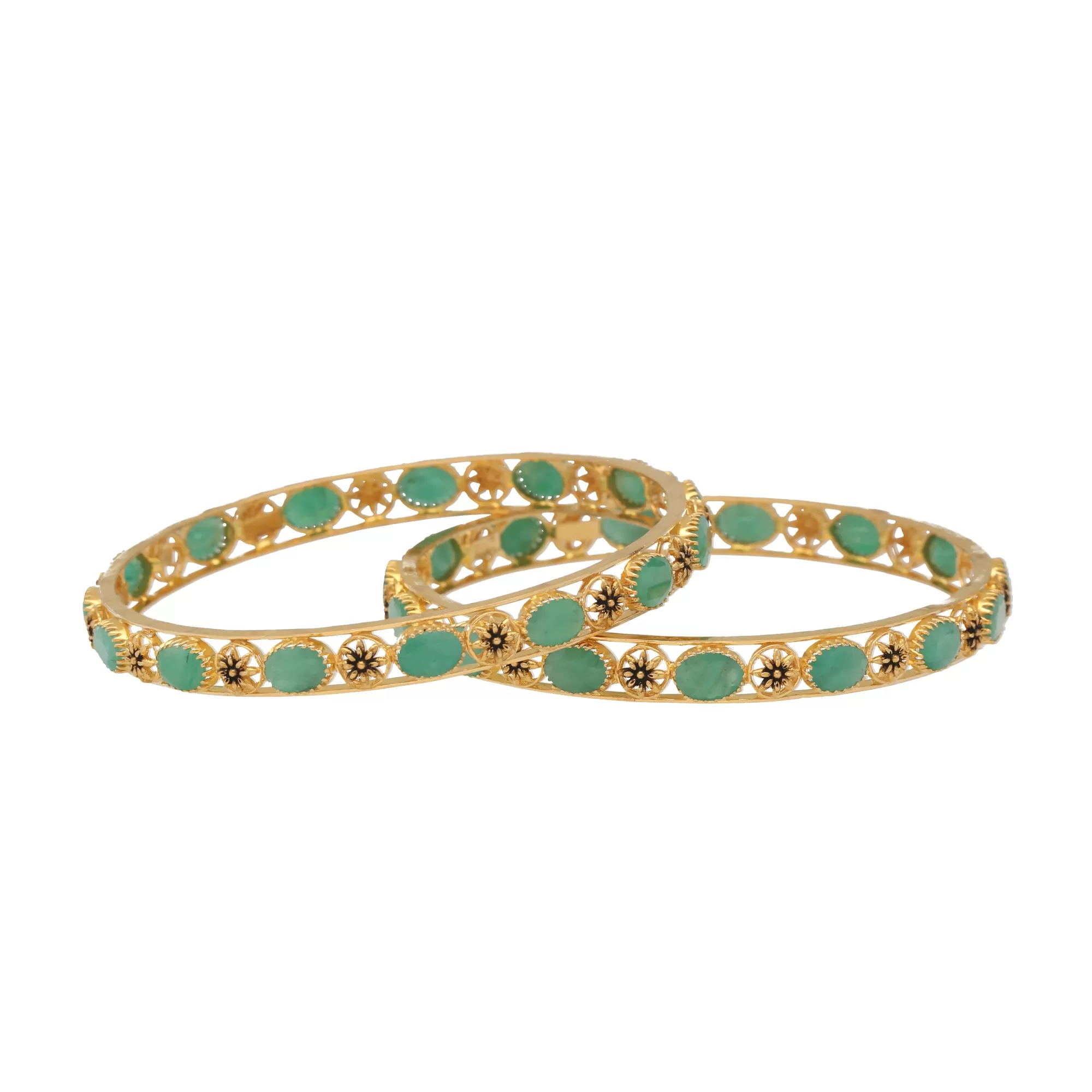 22K Yellow Gold & Emerald Antique Bangle Set (38.1gm)