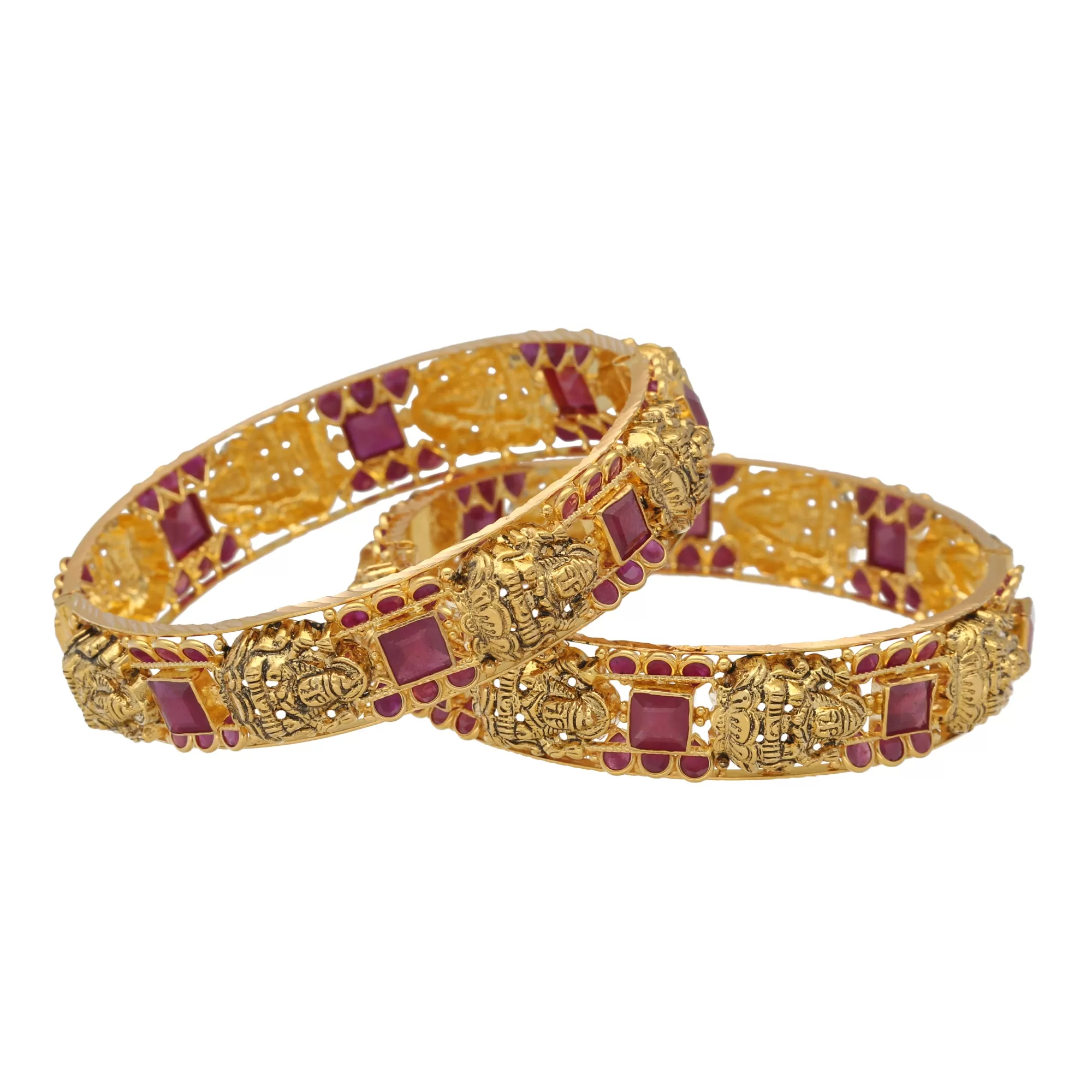 22K Yellow Gold & Ruby Temple Bangle Set (56.8gm)