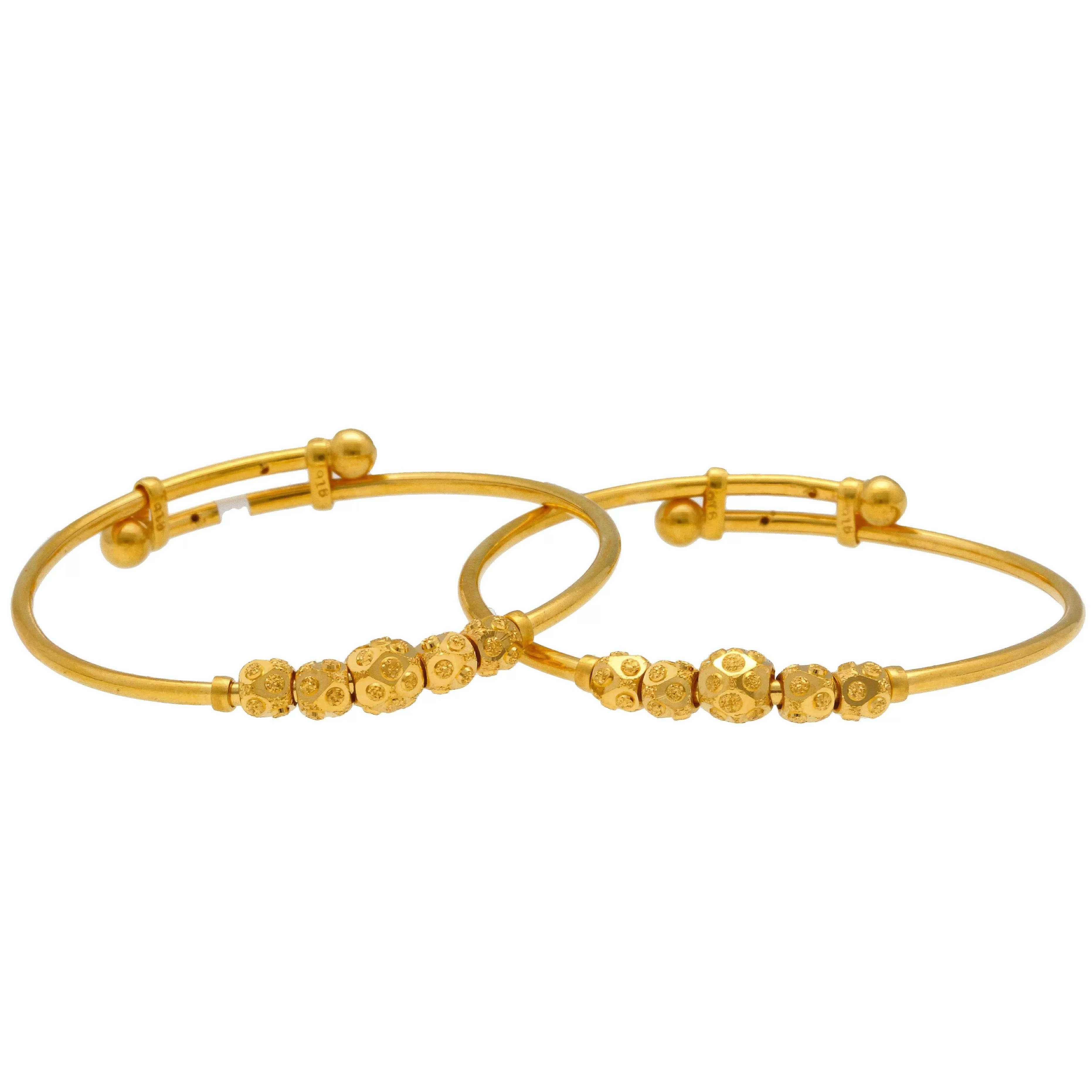 22K Yellow Gold Baby Bangles Set of 2 W/ Adjustable Bands & Shambala Gold Beads