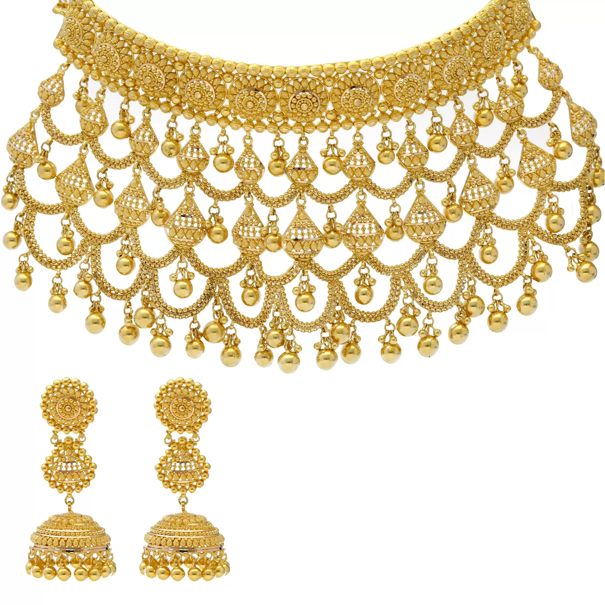 22K Yellow Gold Beaded Filigree Necklace Set (117.5gm)