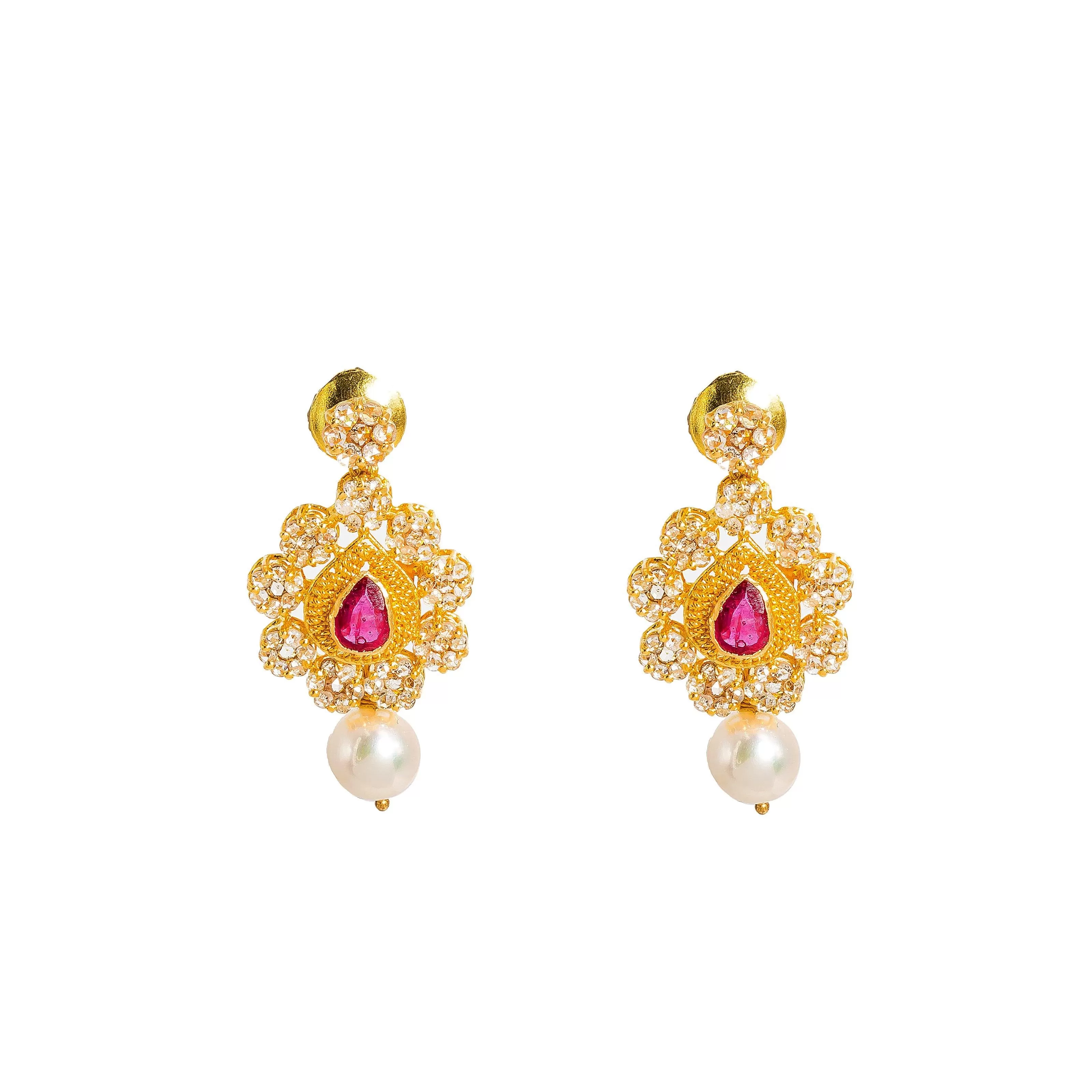 22K Yellow Gold Diamond Necklace and Earrings Set W/ 14.24ct Uncut Diamonds, Rubies, Pearls & Clustered Flower Designs