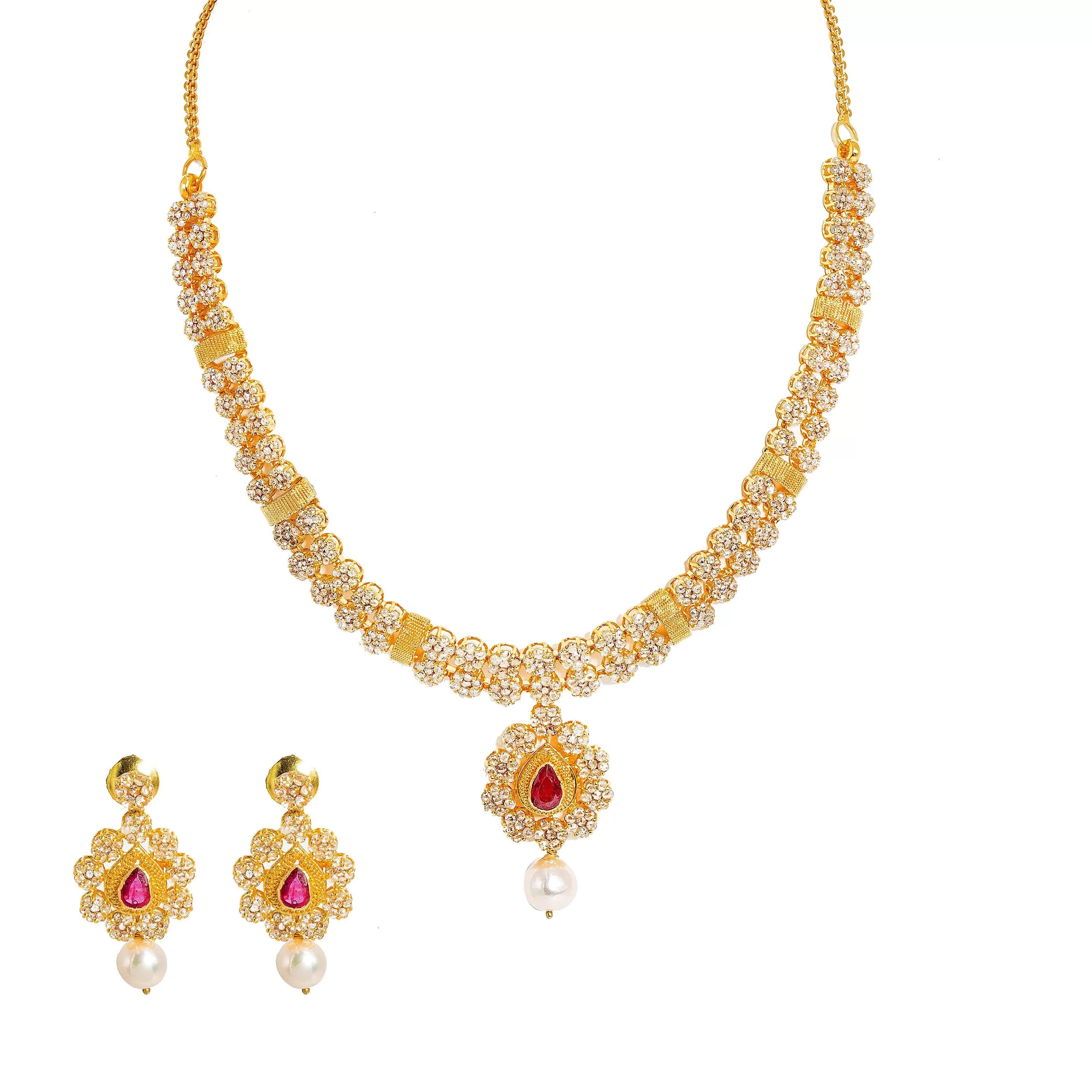 22K Yellow Gold Diamond Necklace and Earrings Set W/ 14.24ct Uncut Diamonds, Rubies, Pearls & Clustered Flower Designs