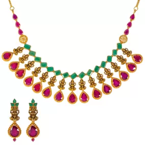 22k Yellow Gold, Emerald & Ruby Necklace Set (76.4gm)