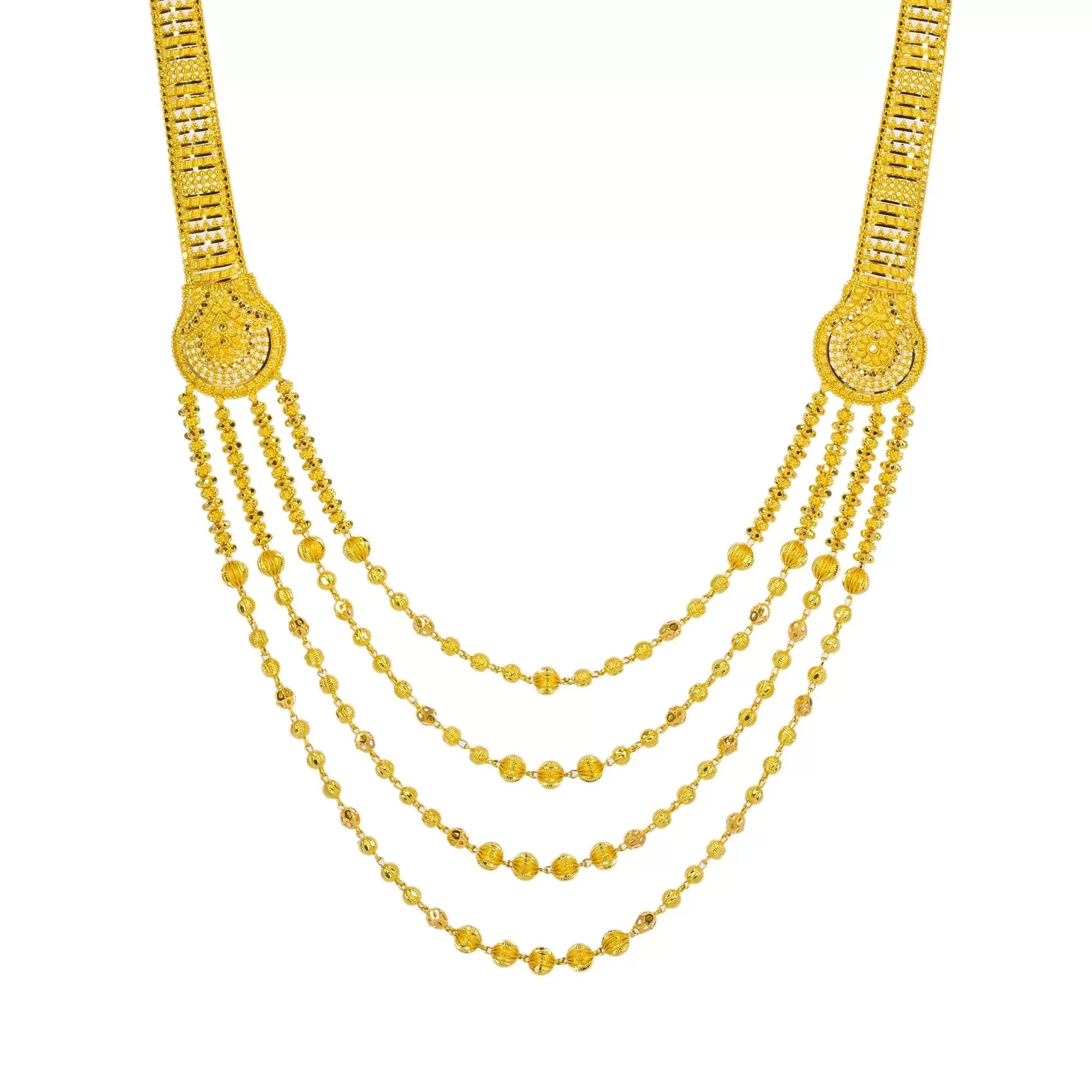 22K Yellow Gold Long Necklace & Earrings Set W/ Draping Collar Strands