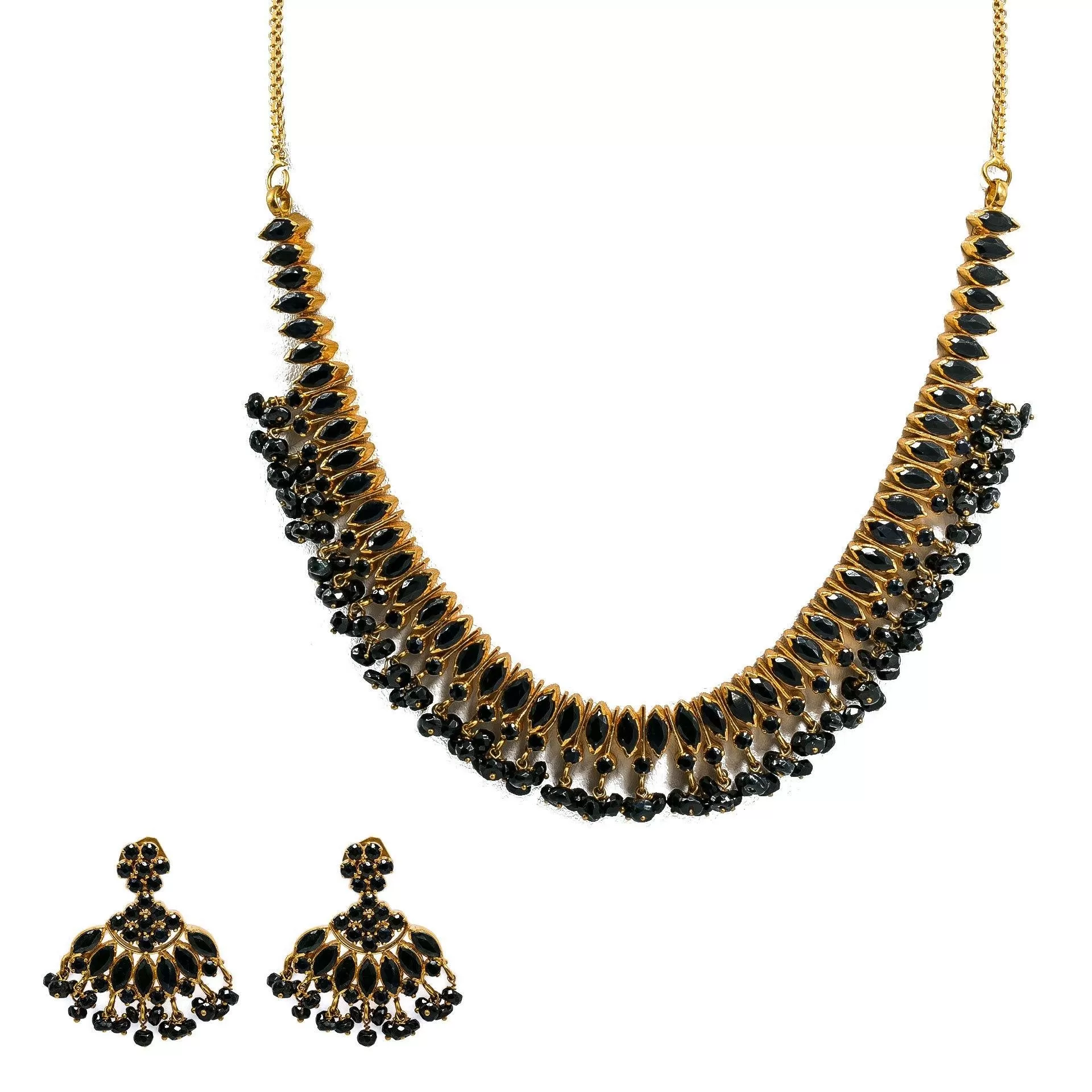 22K Yellow Gold Necklace & Earrings Set W/ Black Sapphires