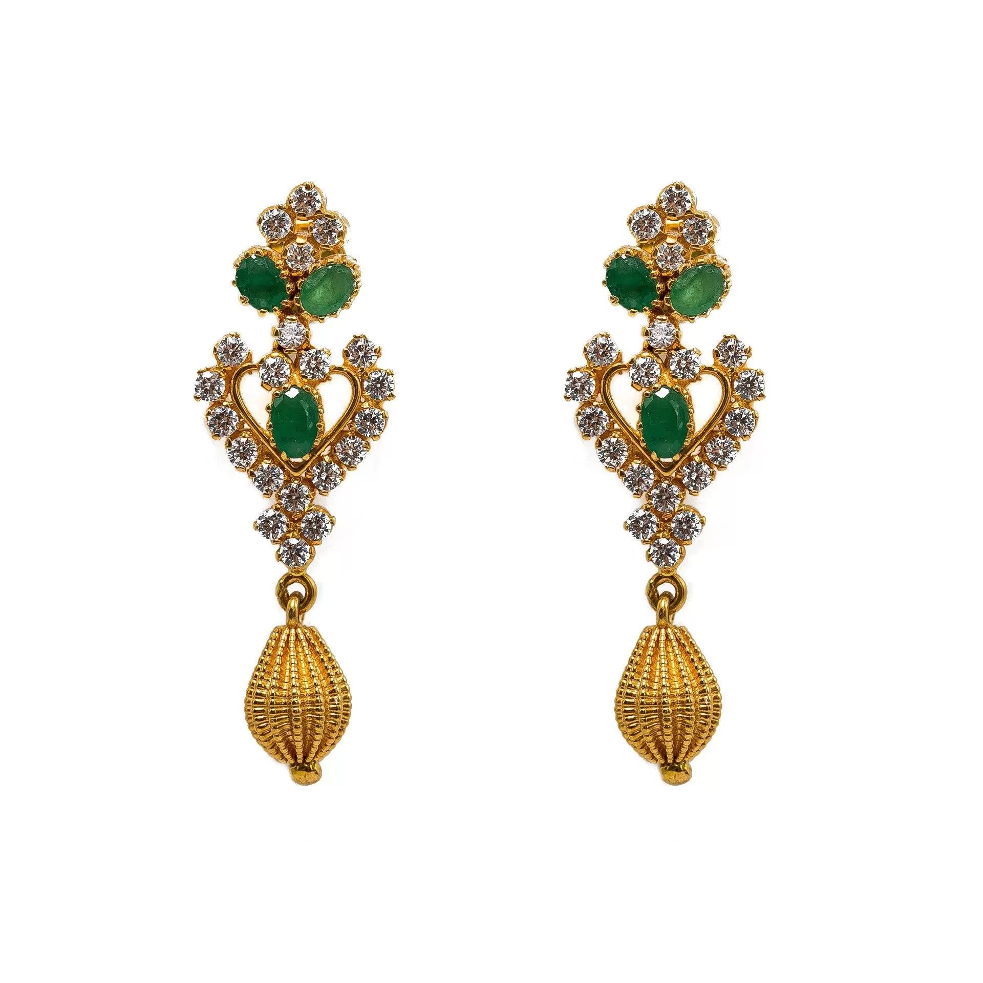 22K Yellow Gold Necklace & Earrings Set W/ Emeralds, CZ Gems & Large Heart Pendants