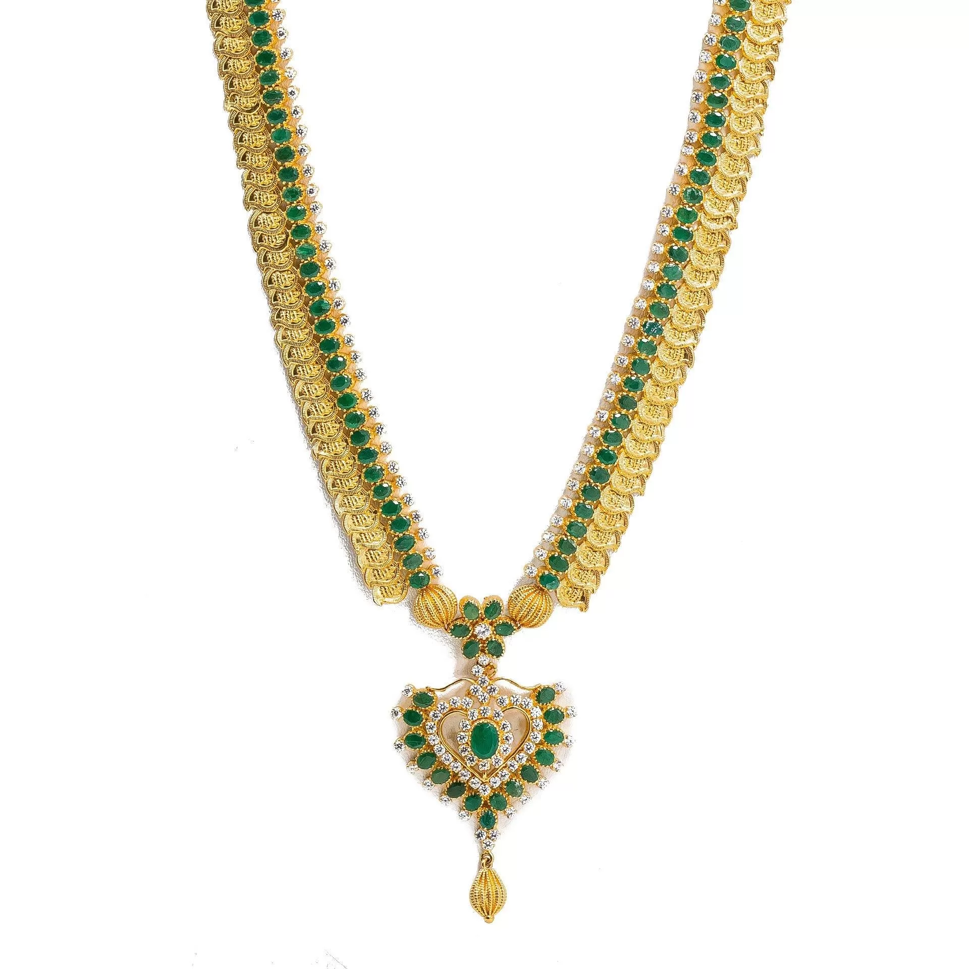 22K Yellow Gold Necklace & Earrings Set W/ Emeralds, CZ Gems & Large Heart Pendants