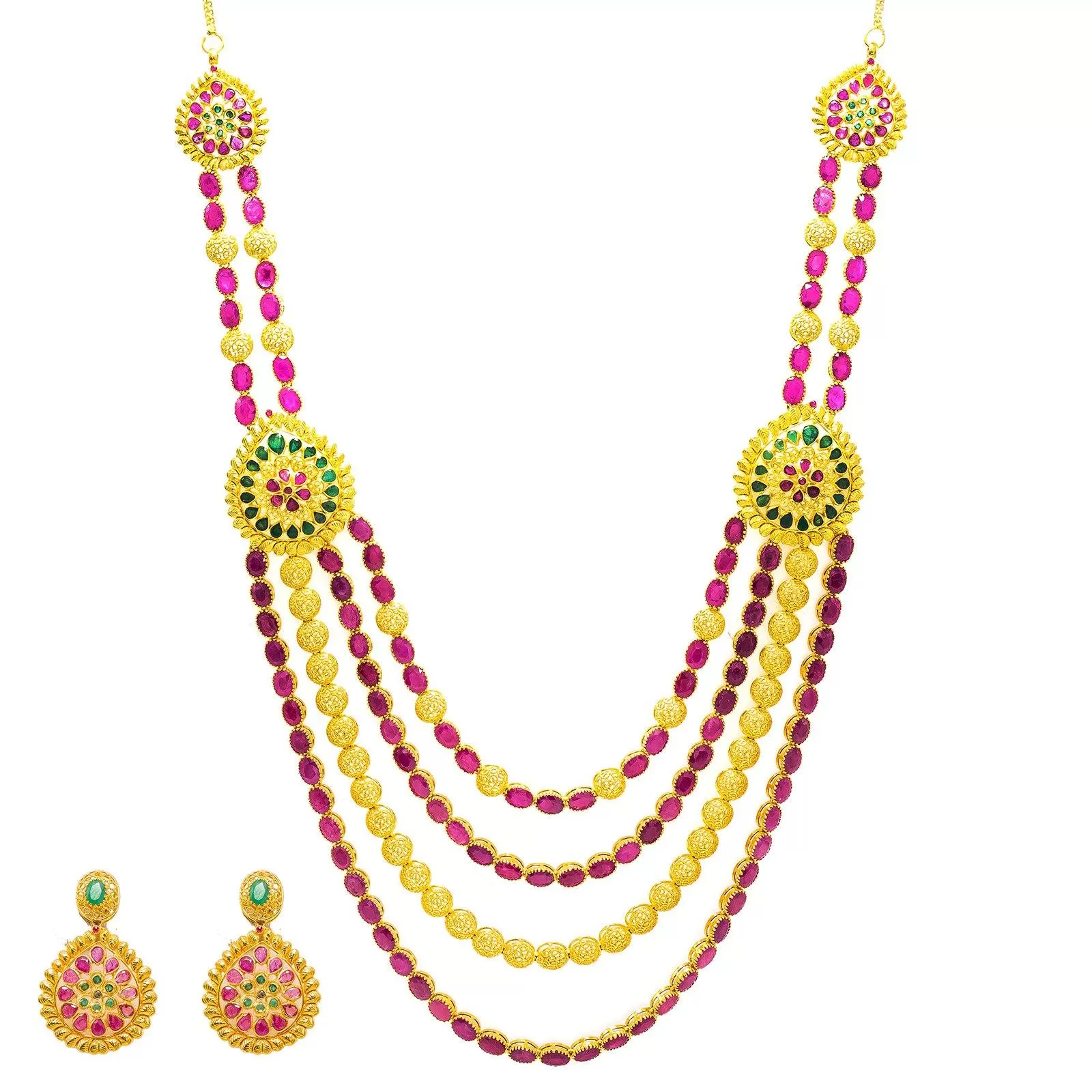 22K Yellow Gold Necklace & Earrings Set W/ Emeralds, Rubies & Ornate Draped Design