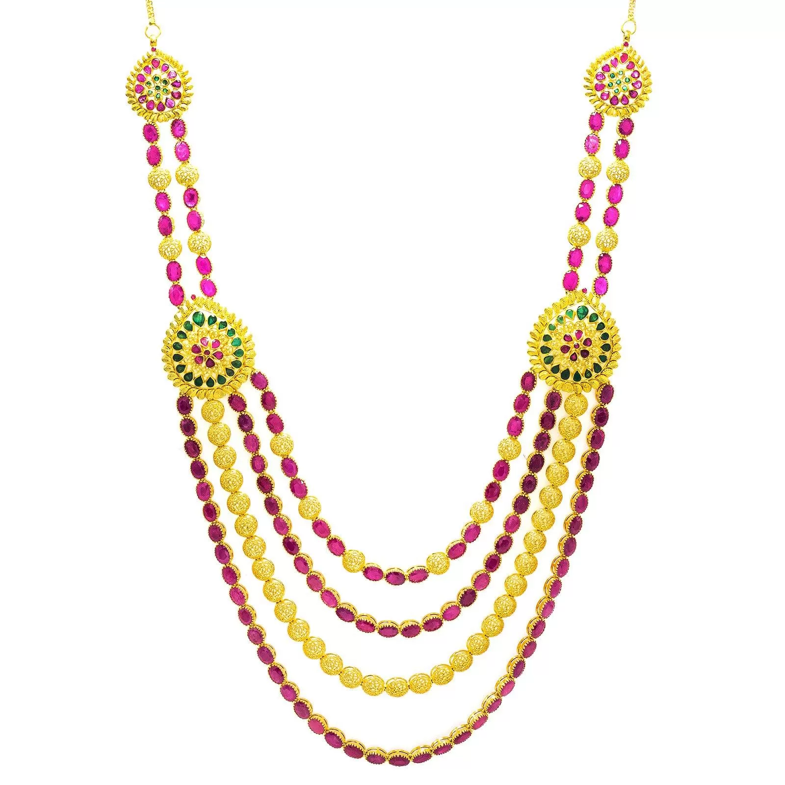 22K Yellow Gold Necklace & Earrings Set W/ Emeralds, Rubies & Ornate Draped Design