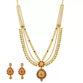 22K Yellow Gold Necklace & Earrings Set W/ Emeralds, Rubies, CZ Gems & Pear Pendants