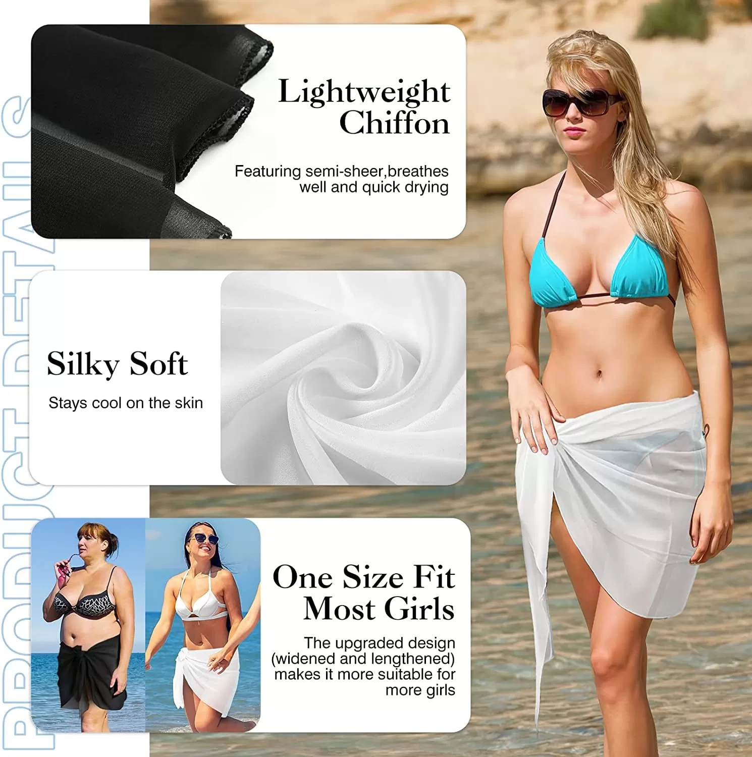 2pcs Beach Cover Up for Women, Chiffon Sarong Swimsuit Coverup for Pool, Summer Resort Wear Black White, S-M Fits Most