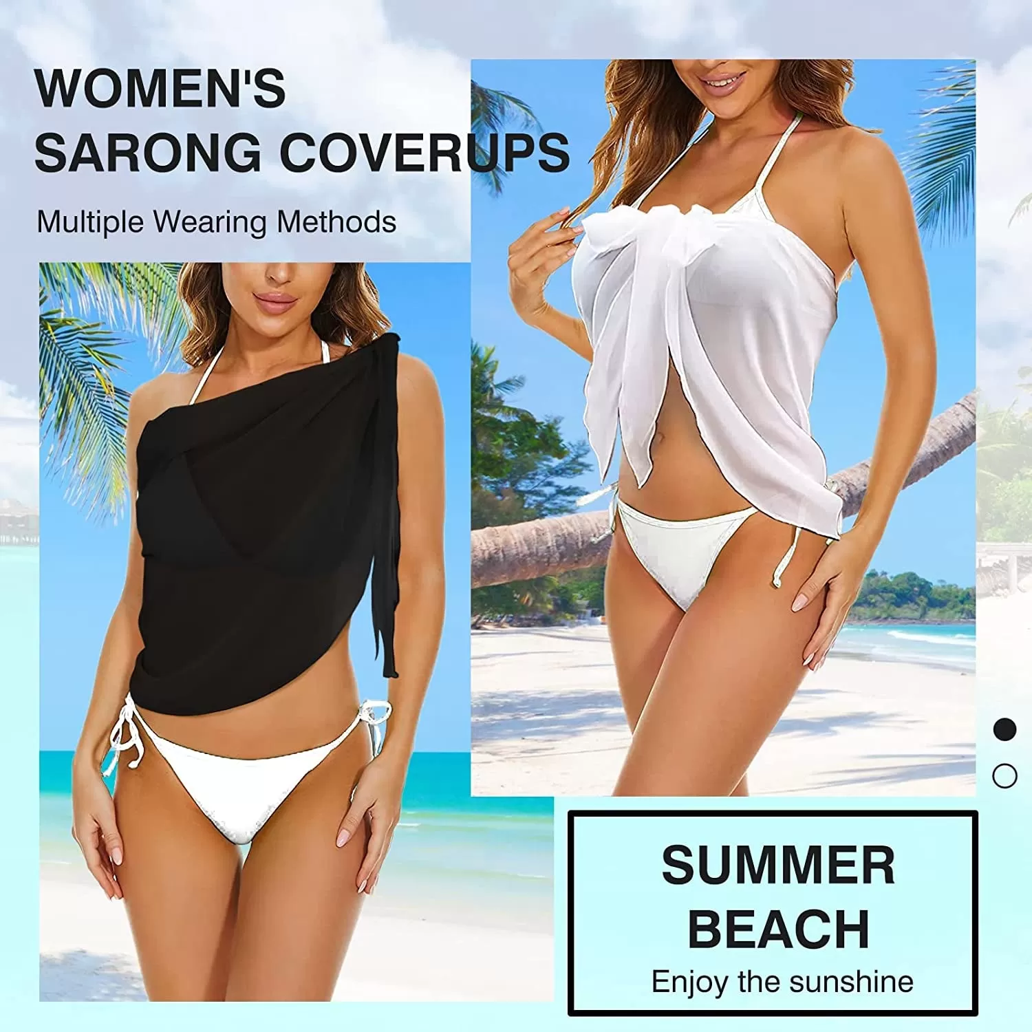 2pcs Beach Cover Up for Women, Chiffon Sarong Swimsuit Coverup for Pool, Summer Resort Wear Black White, S-M Fits Most