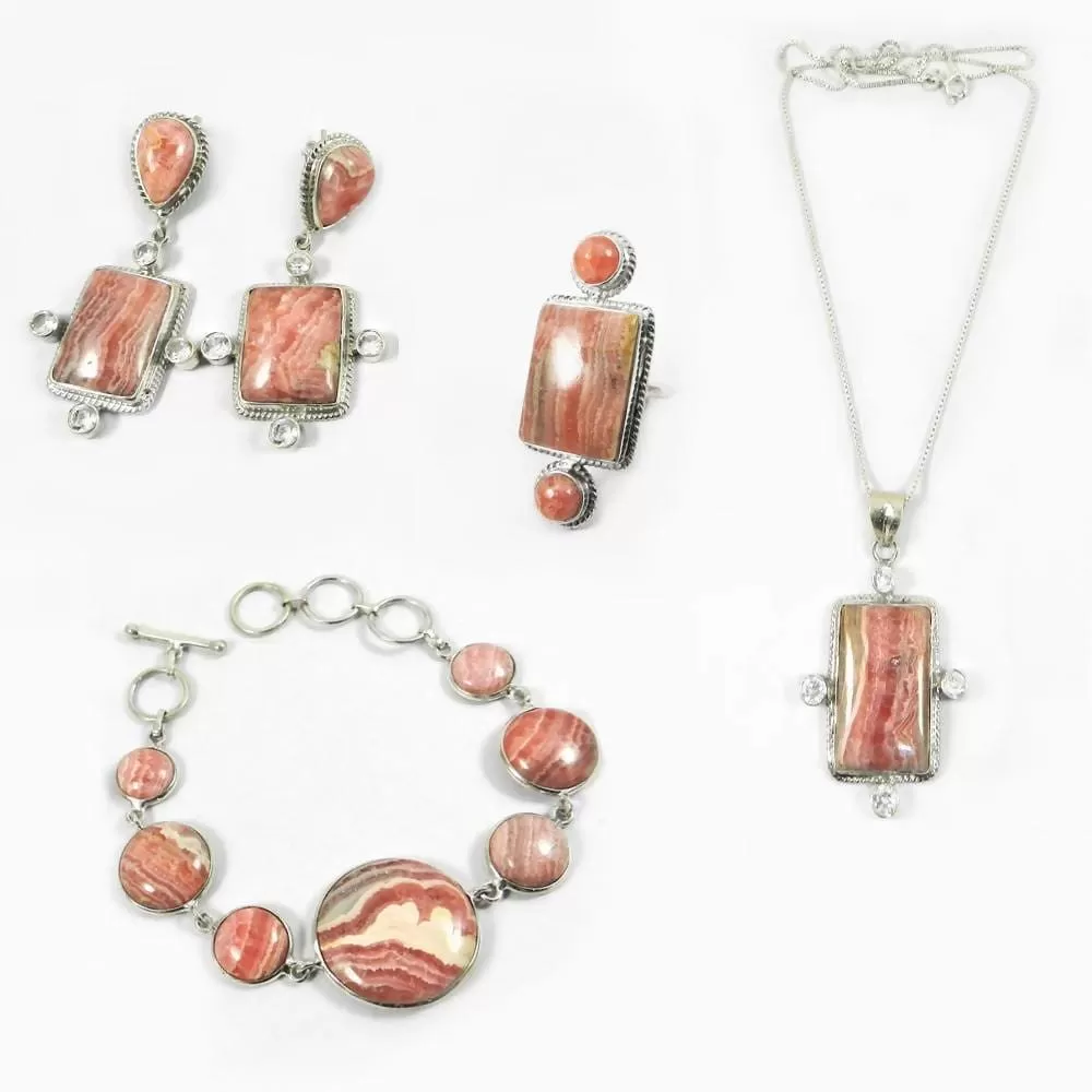 4 PCs Rhodochrosite Gemstone 925 Sterling Silver Designer Jewelry Set