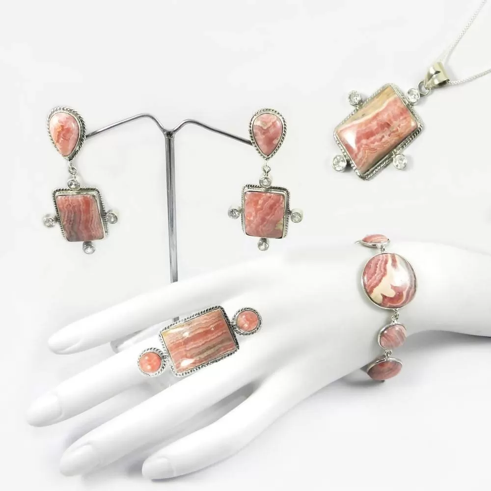 4 PCs Rhodochrosite Gemstone 925 Sterling Silver Designer Jewelry Set