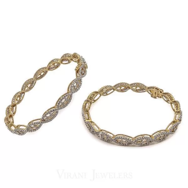 5.04CT Infinity Diamond Bangles Set in 18K Yellow Gold W/ Clasp Tongue Closure, Set of 2