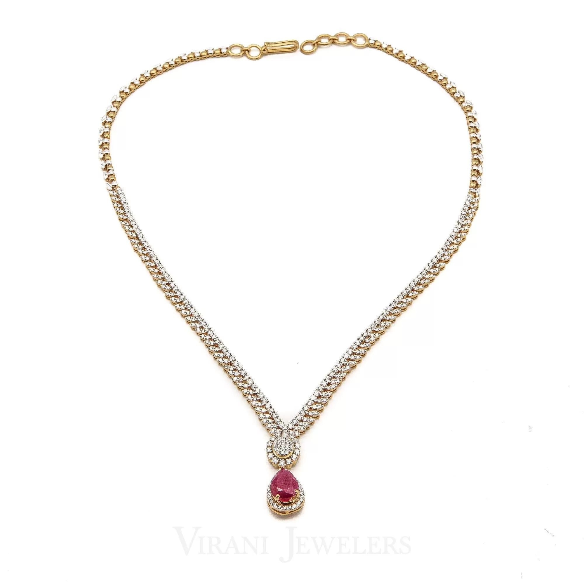 5.82CT Diamond Box Chain Necklace and Earrings Set in 18k Yellow Gold W/ Drop Ruby Pendant