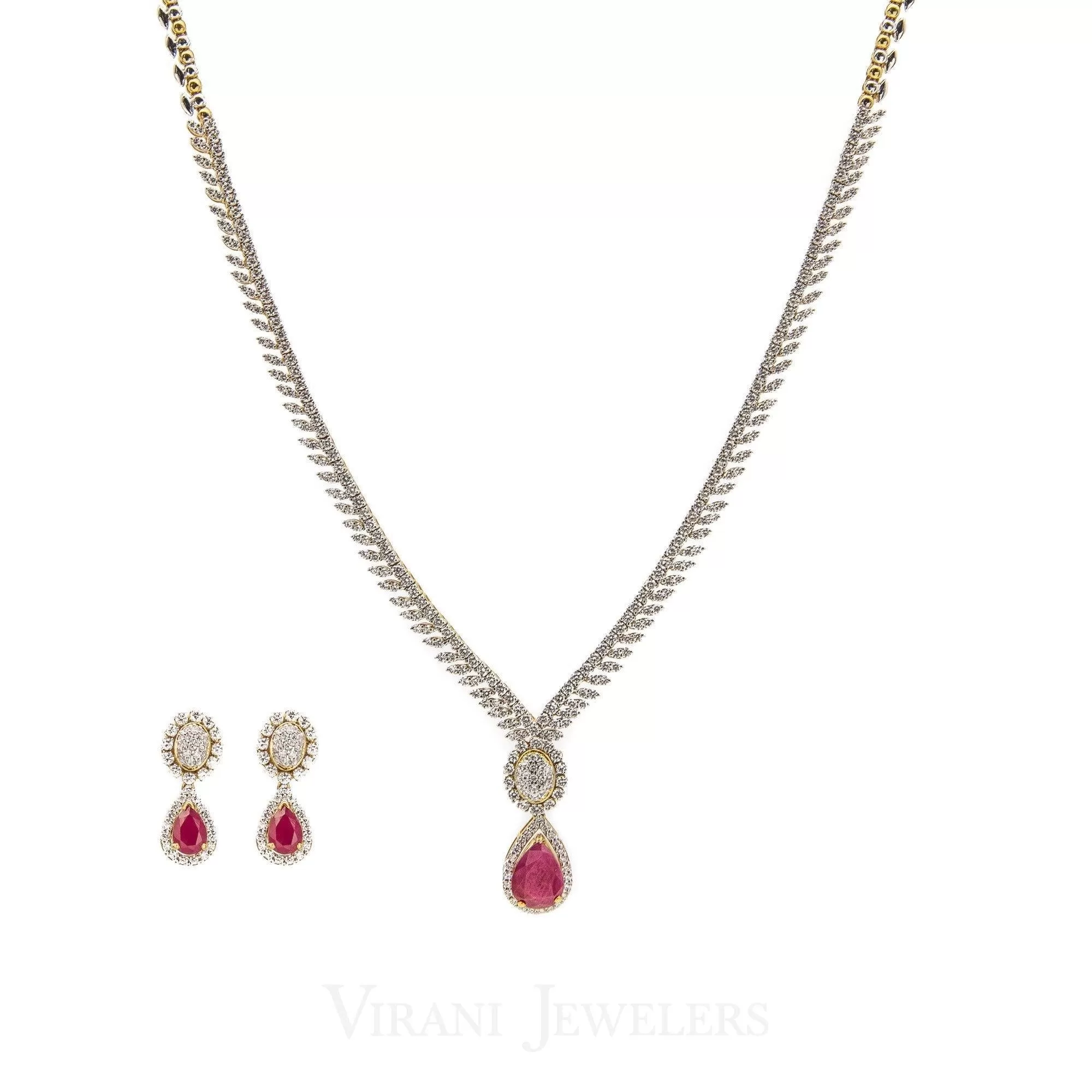 5.82CT Diamond Box Chain Necklace and Earrings Set in 18k Yellow Gold W/ Drop Ruby Pendant