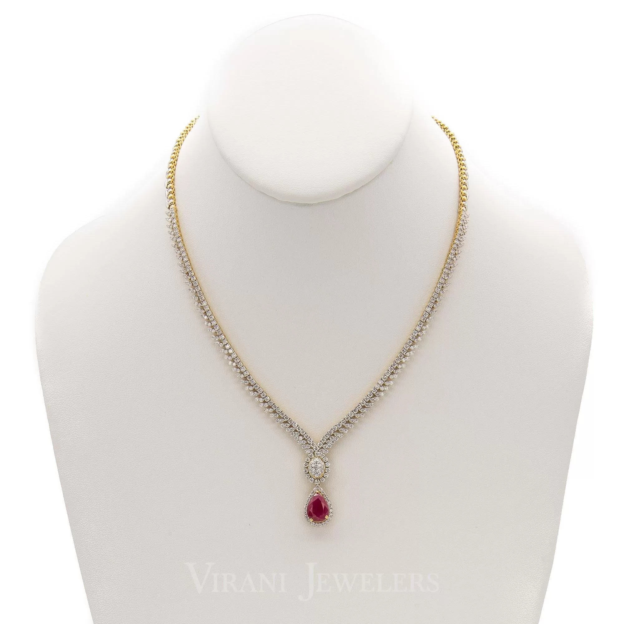 5.82CT Diamond Box Chain Necklace and Earrings Set in 18k Yellow Gold W/ Drop Ruby Pendant