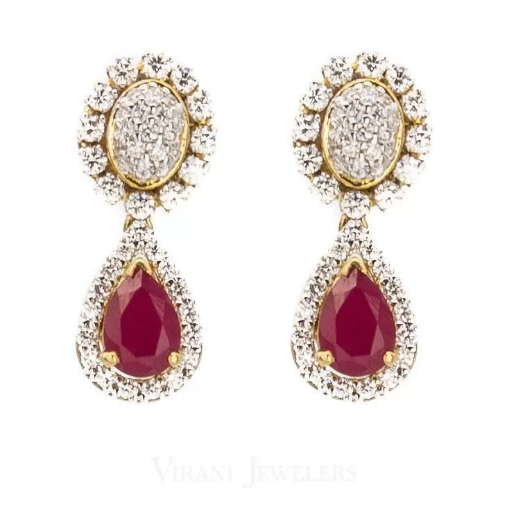 5.82CT Diamond Box Chain Necklace and Earrings Set in 18k Yellow Gold W/ Drop Ruby Pendant