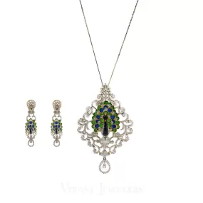 5.83 CT VVS Diamond Peacock Pendant and Earrings Set in 18K Gold