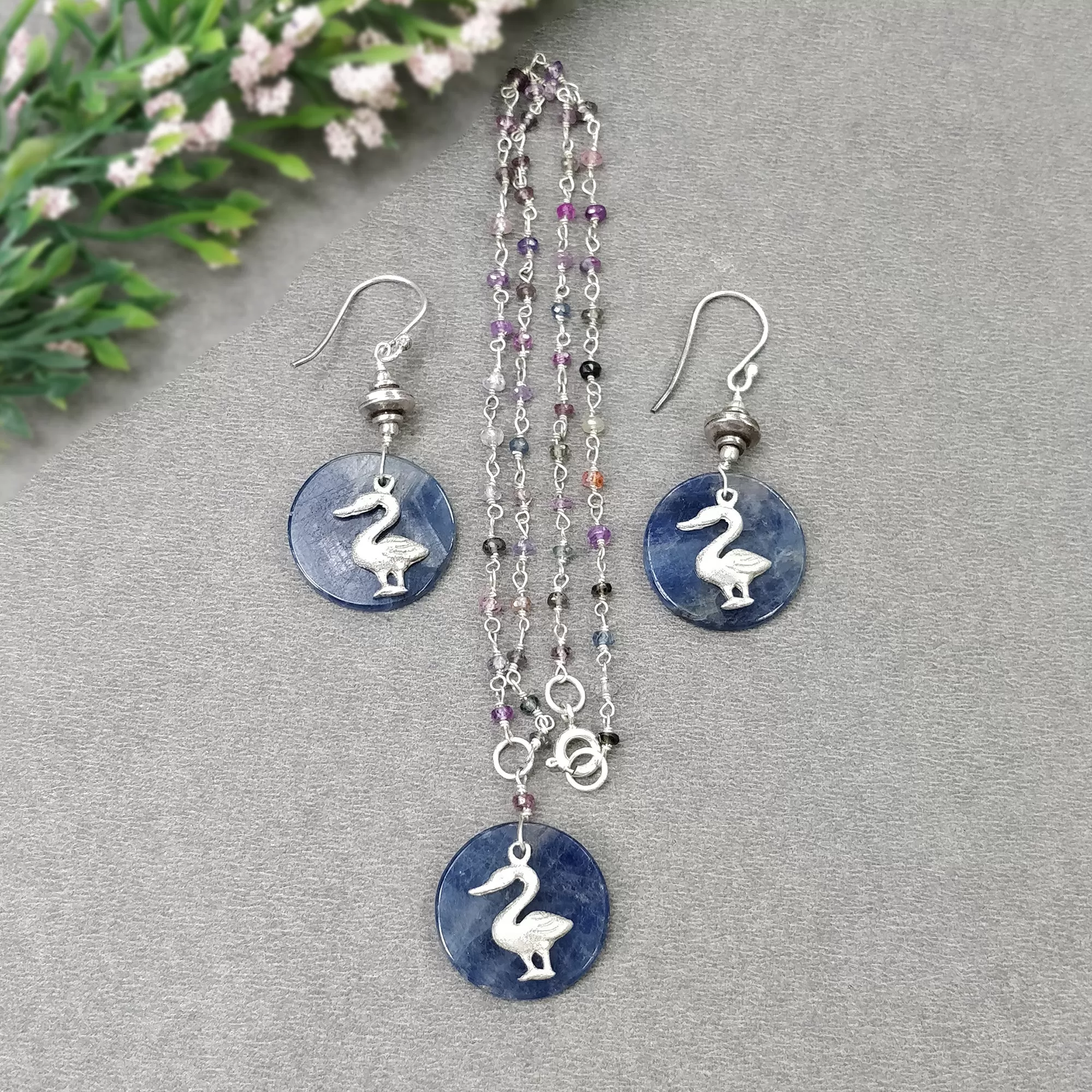 925 Sterling Silver Jewelry :  Natural Untreated BLUE SAPPHIRE Gemstone 1.85" Beaded Necklace Drop Dangle Earring Jewelry Set