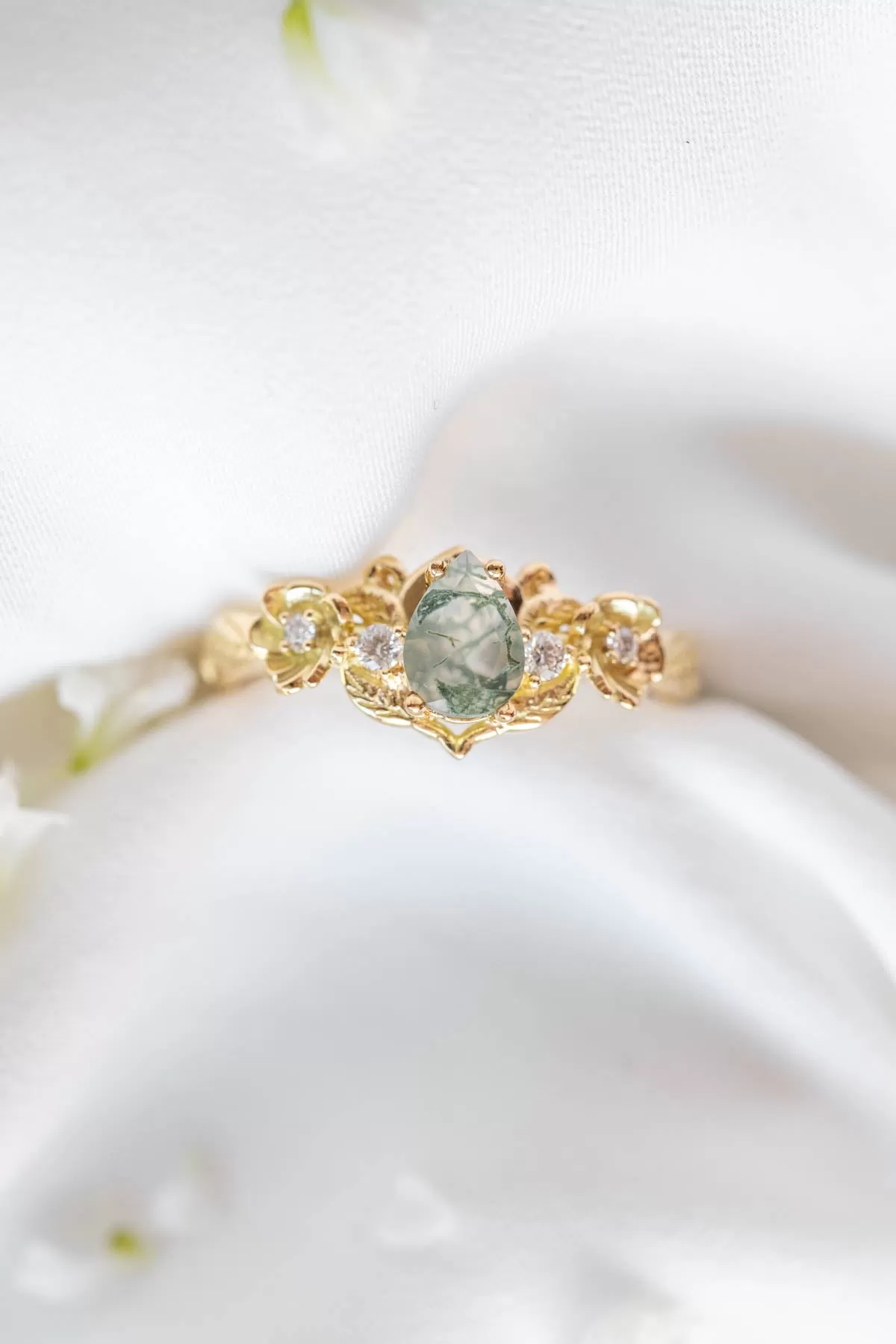 Adelina | floral engagement ring setting, pear cut gemstone