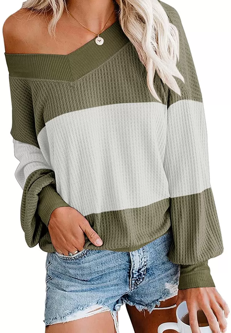 Adreamly Women's V Neck Long Sleeve Waffle Knit Top Off Shoulder Oversized Pullover Sweater