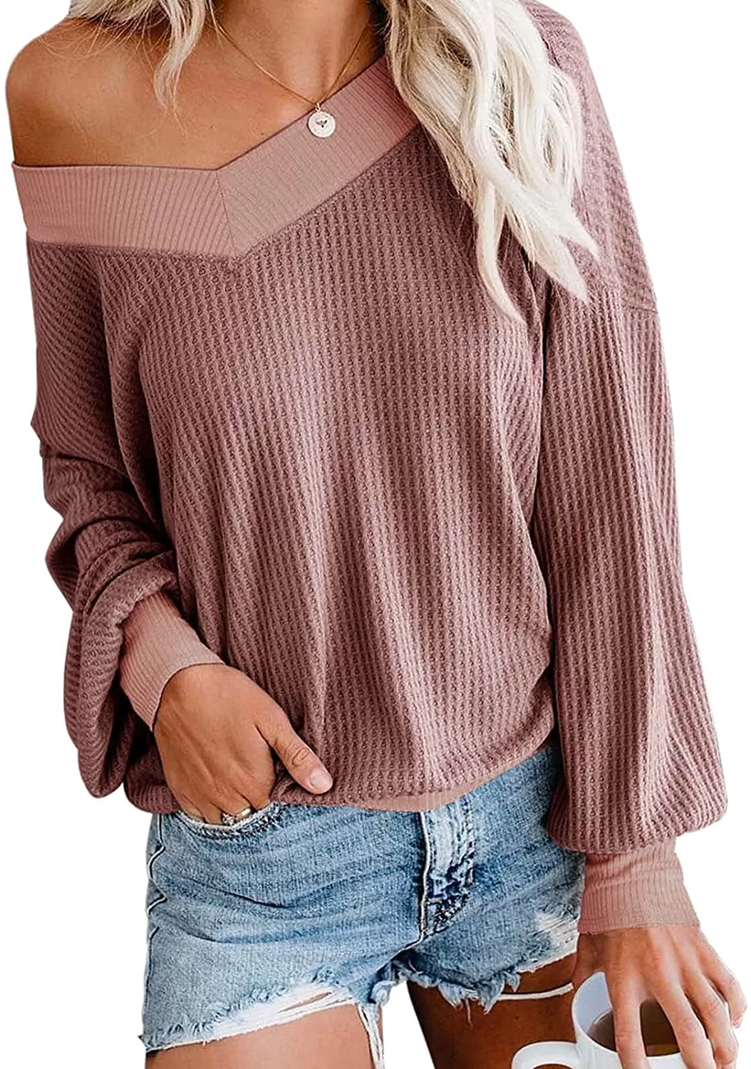 Adreamly Women's V Neck Long Sleeve Waffle Knit Top Off Shoulder Oversized Pullover Sweater