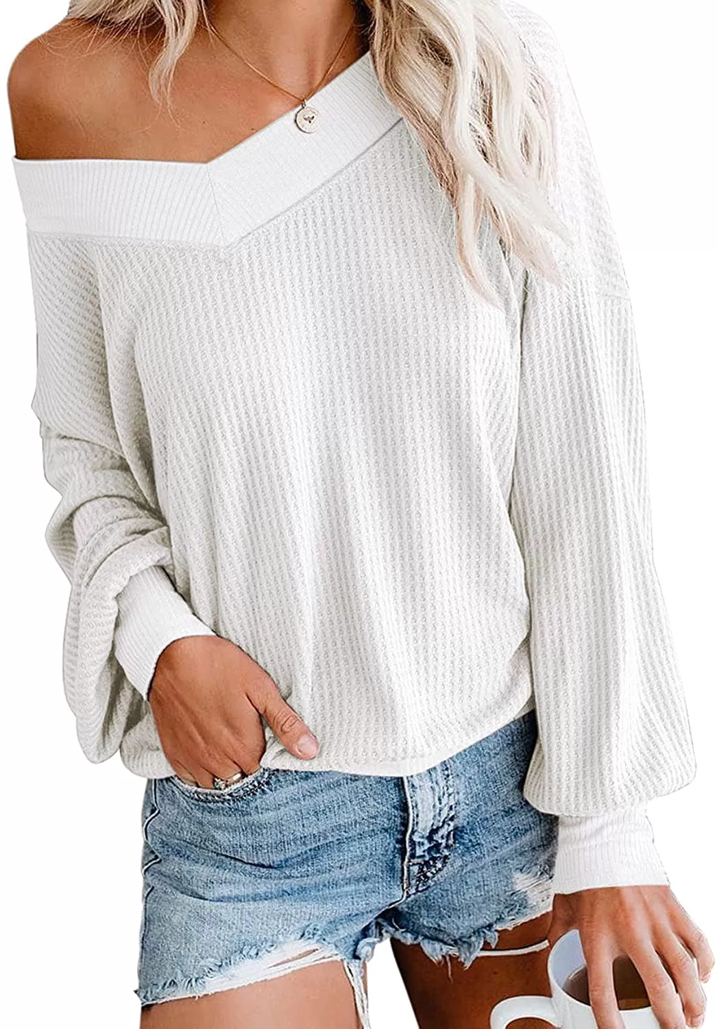 Adreamly Women's V Neck Long Sleeve Waffle Knit Top Off Shoulder Oversized Pullover Sweater