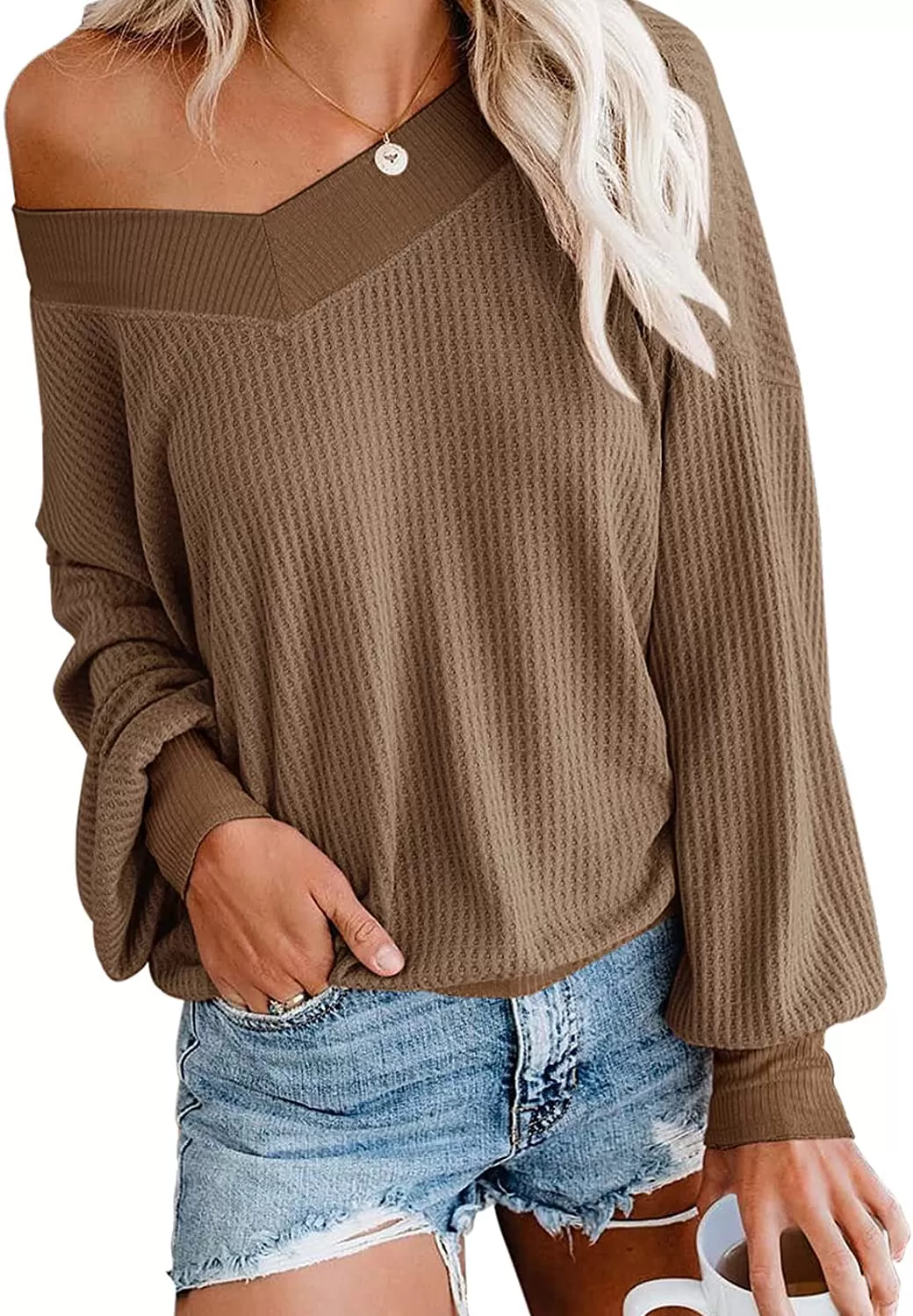 Adreamly Women's V Neck Long Sleeve Waffle Knit Top Off Shoulder Oversized Pullover Sweater