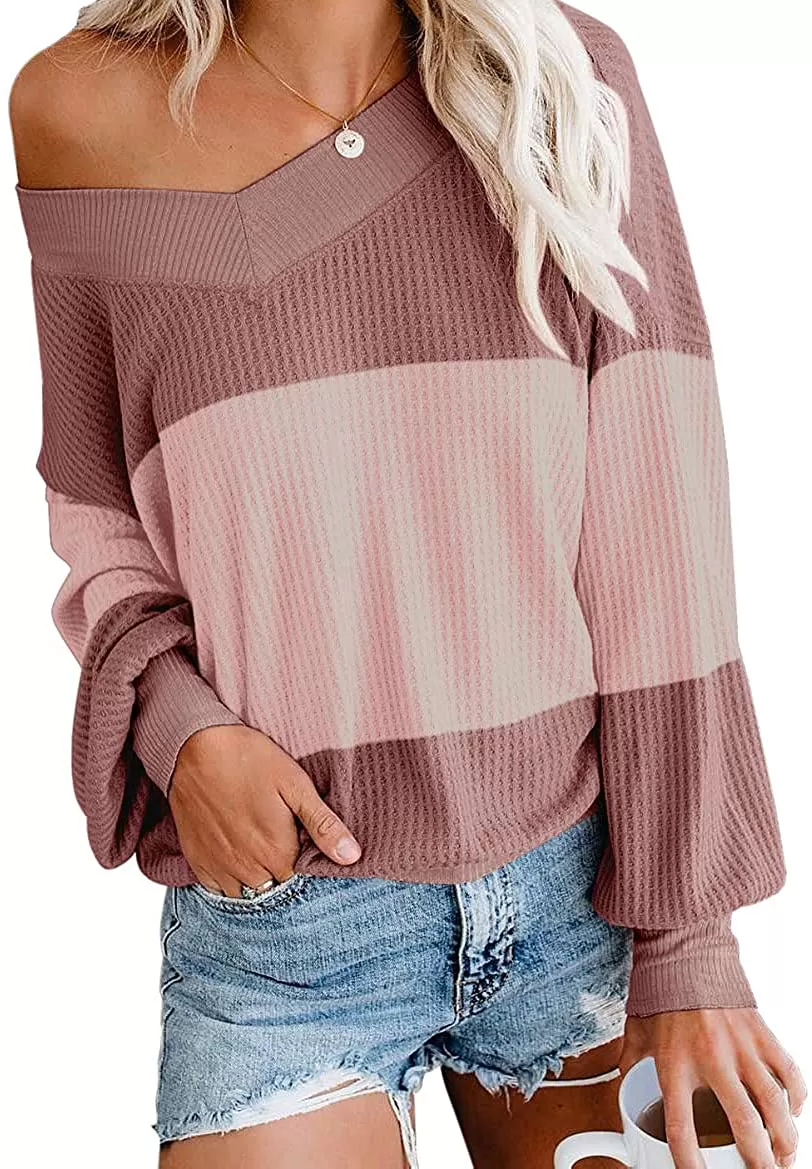 Adreamly Women's V Neck Long Sleeve Waffle Knit Top Off Shoulder Oversized Pullover Sweater